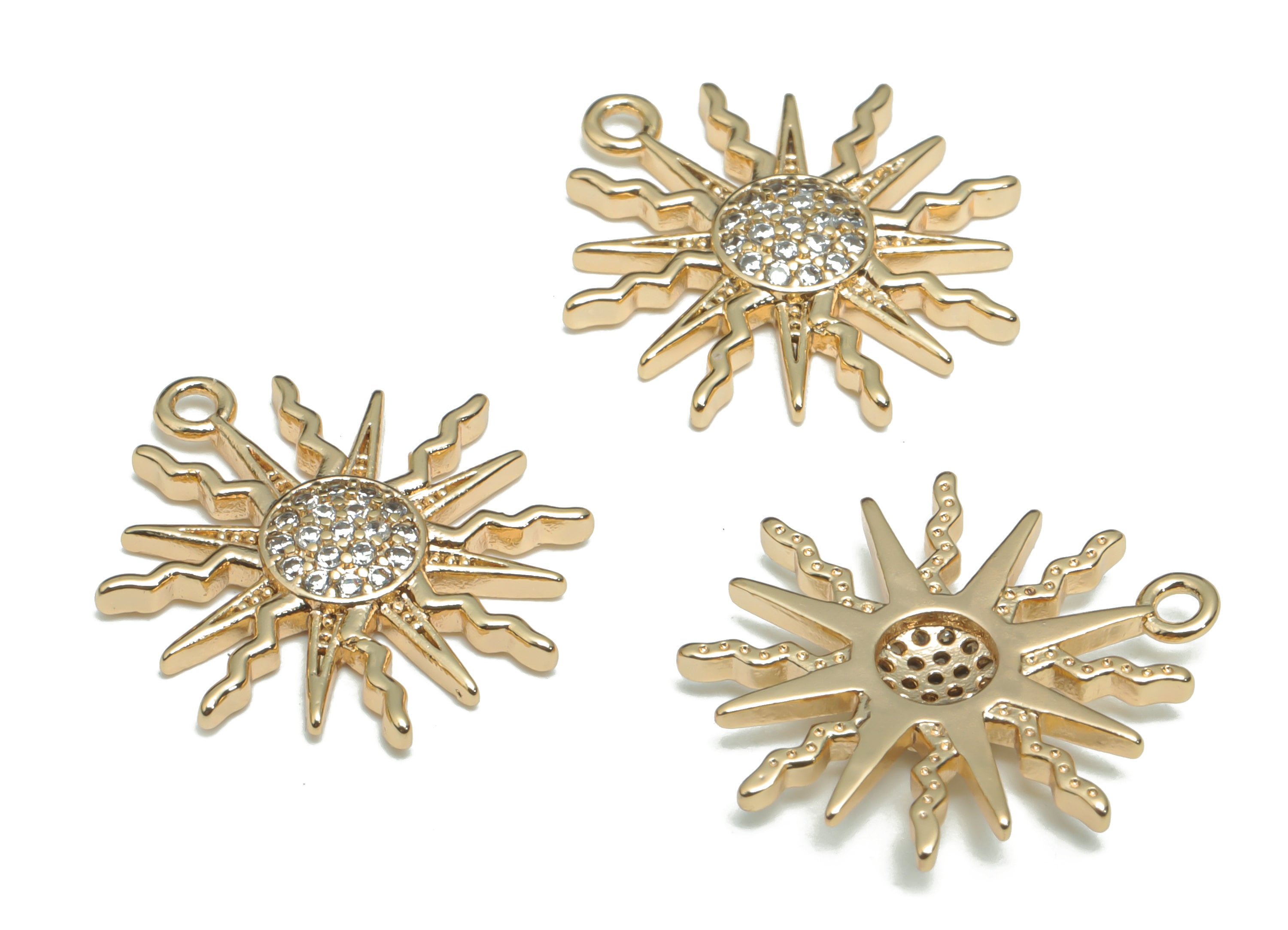 Brass Sun Earring Charms With Zircons - Gold Sun Pendant - 18K Real Gold Plated Brass - Jewelry Making Supplies - 18.73x16.4x2.4mm - RGP4321 - DOMEDBAZAAR