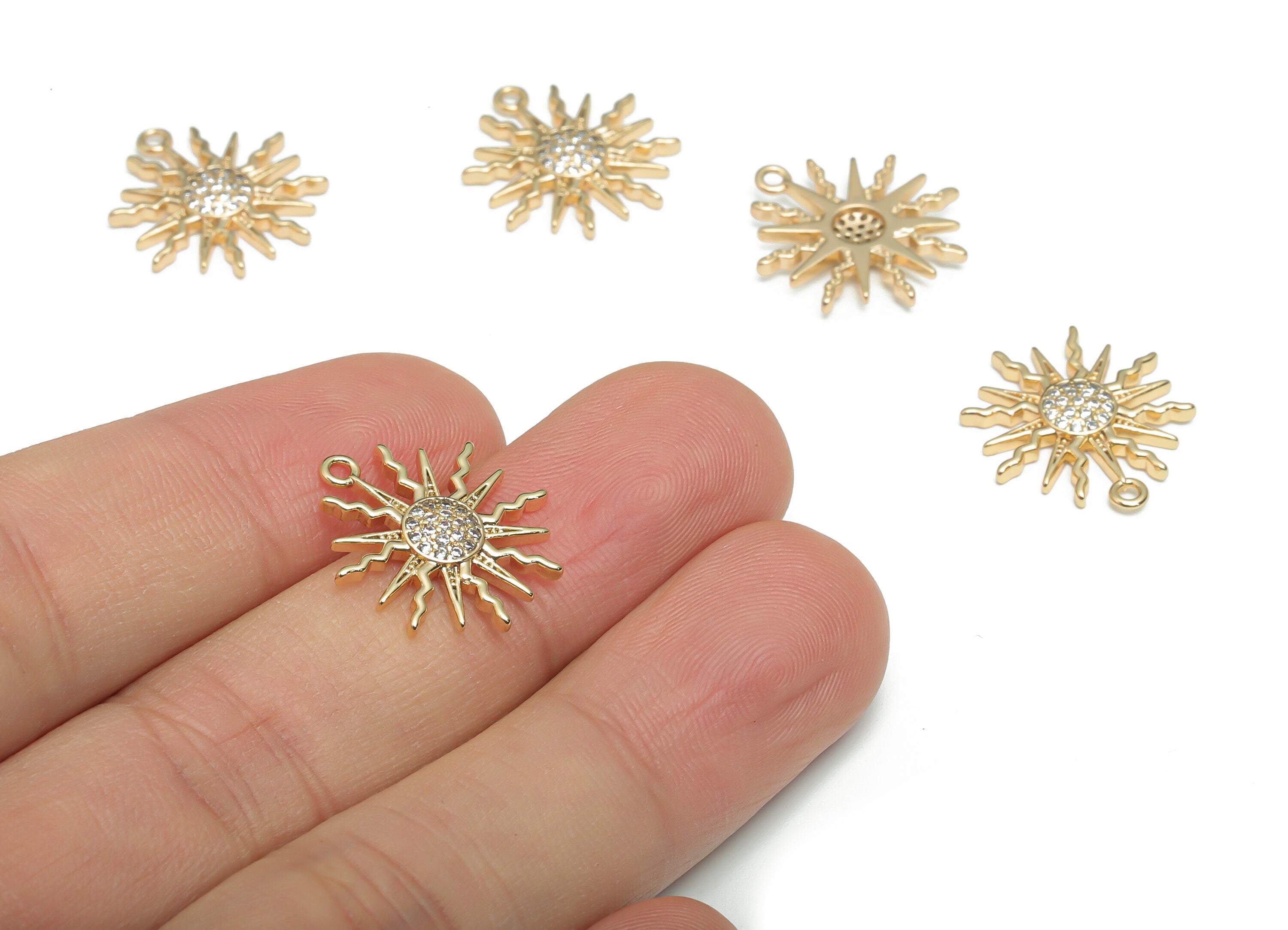 Brass Sun Earring Charms With Zircons - Gold Sun Pendant - 18K Real Gold Plated Brass - Jewelry Making Supplies - 18.73x16.4x2.4mm - RGP4321 - DOMEDBAZAAR