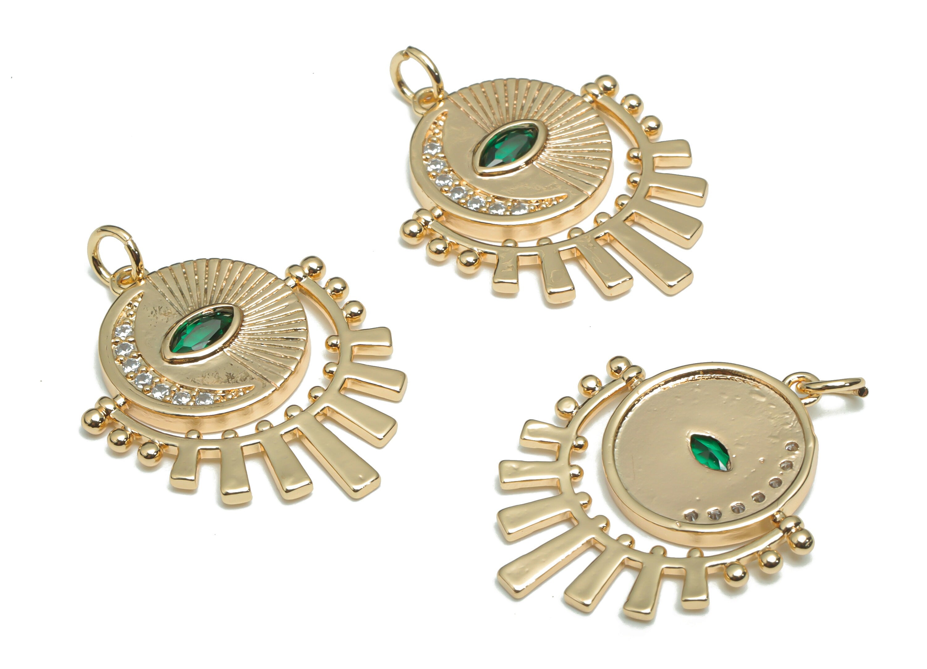 Brass Round Crescent Eye Earring Charms With Zircons - Gold Sun Moon Eyelash Pendant - 18K Real Gold Plated Brass - 30.6x22x2.5mm - RGP4324 - DOMEDBAZAAR