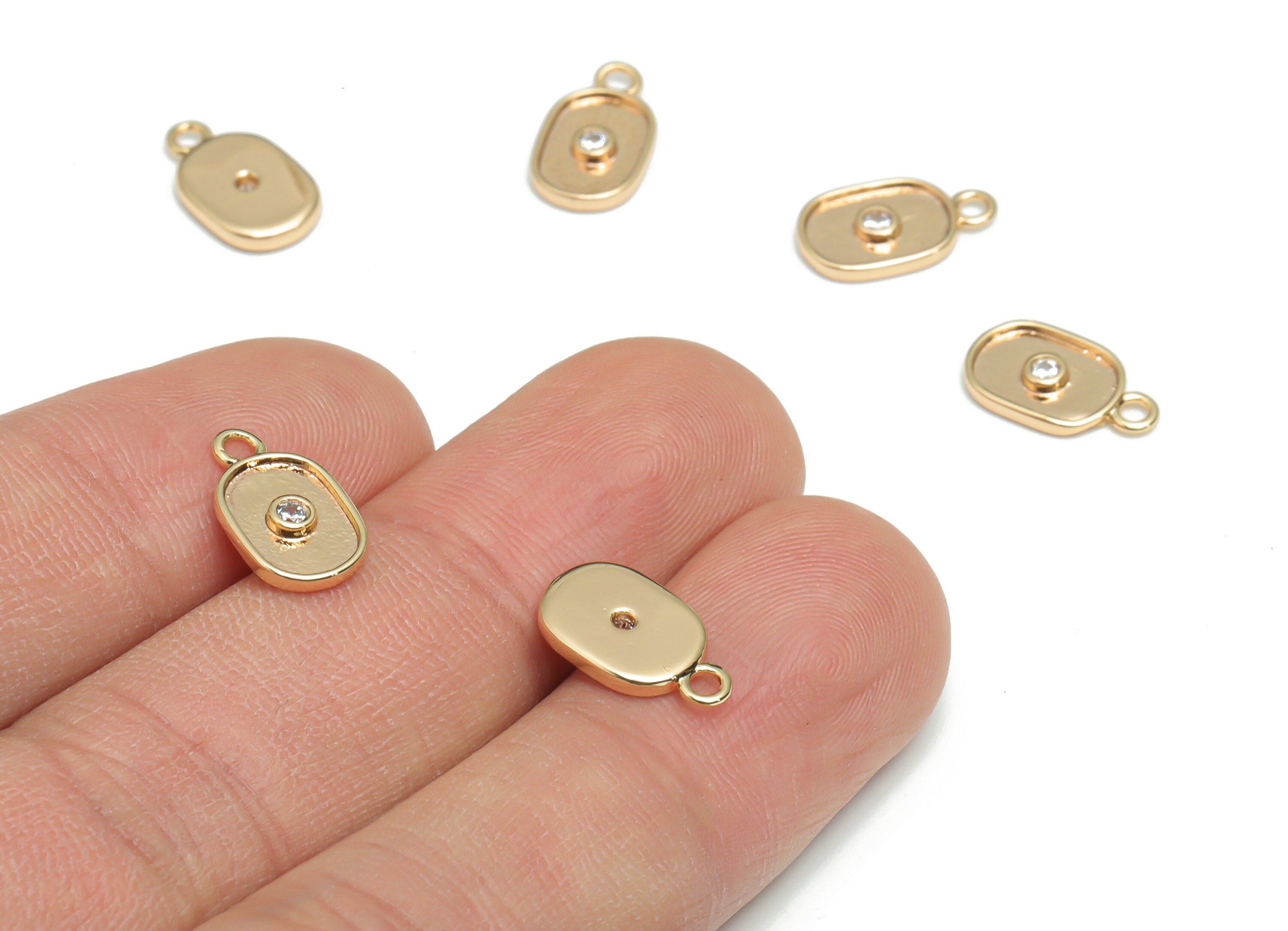 Brass Mini Oval Earring Charms With Zircon - Gold Oval Pendant - 18K Real Gold Plated Brass - Jewelry Supplies - 12.7x7.29x1.76mm - RGP4328 - DOMEDBAZAAR