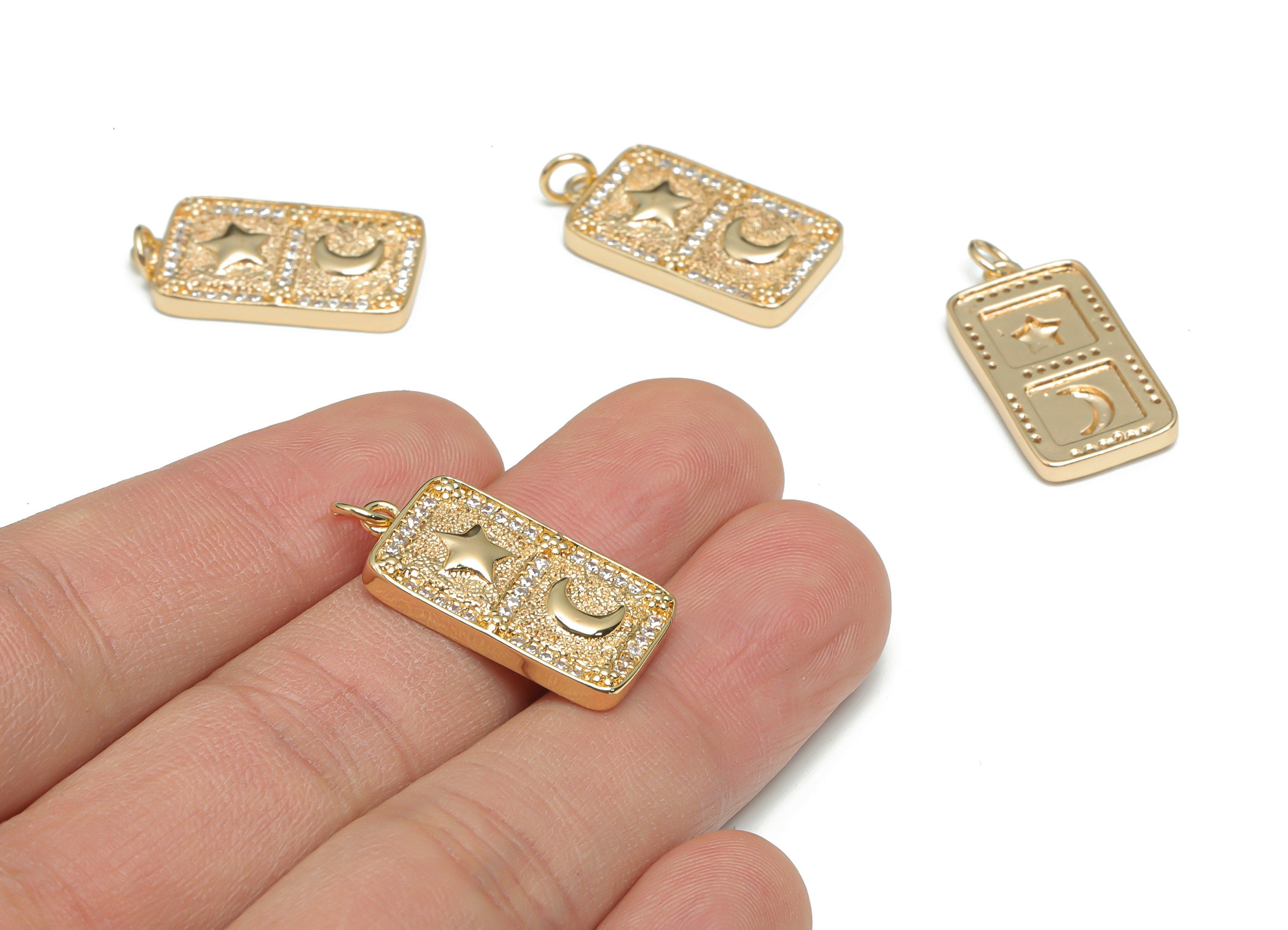 Brass Rectangle Crescent Pendant Charms With Zircons - Gold Star Moon Pendant - 18K Real Gold Plated Brass - 27.98x13.26x3.17mm - RGP4329 - DOMEDBAZAAR