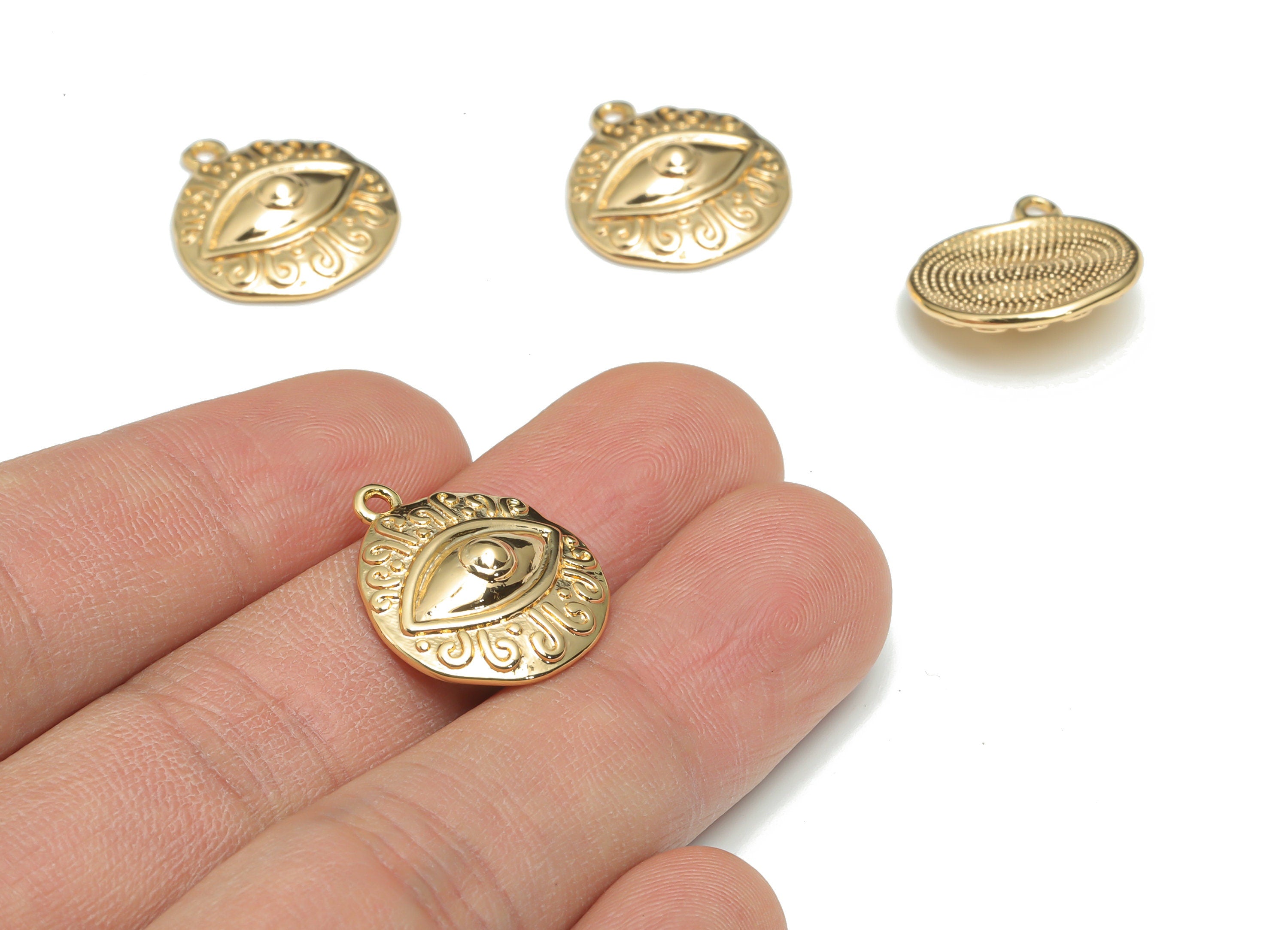 Brass Round Eye Earring Charms - Gold Eyelash Medallion Circle Pendant - 18K Real Gold Plated Brass - 20.67x17.84x4.74mm - RGP4338 - DOMEDBAZAAR