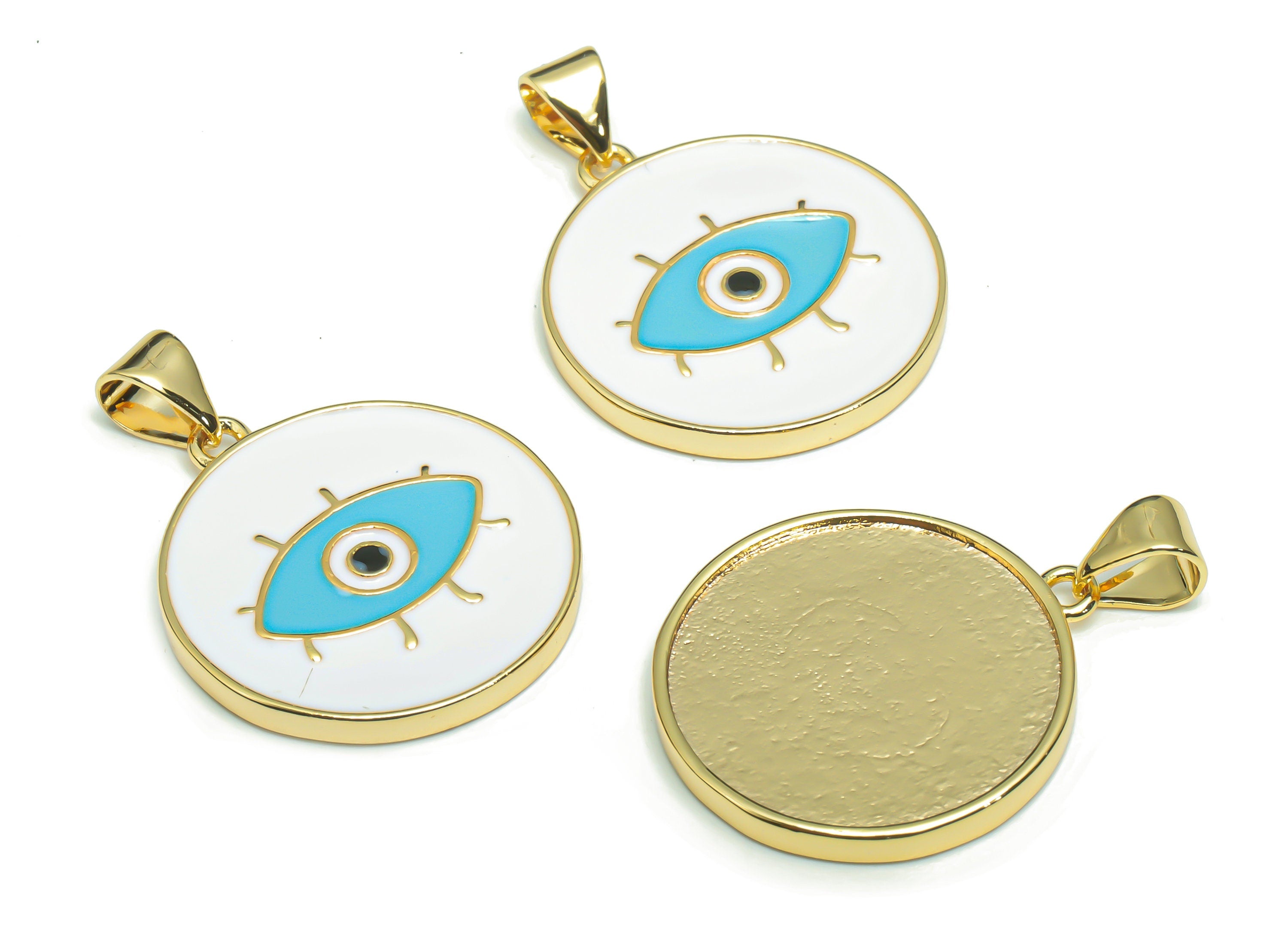 Brass Round Eye Charms With Zincon - Enamel Eyelash Circle Pendant - 18K Real Gold Plated - Jewelry Supplies - 26.95x20.03x2.01mm - RGP4339B - DOMEDBAZAAR
