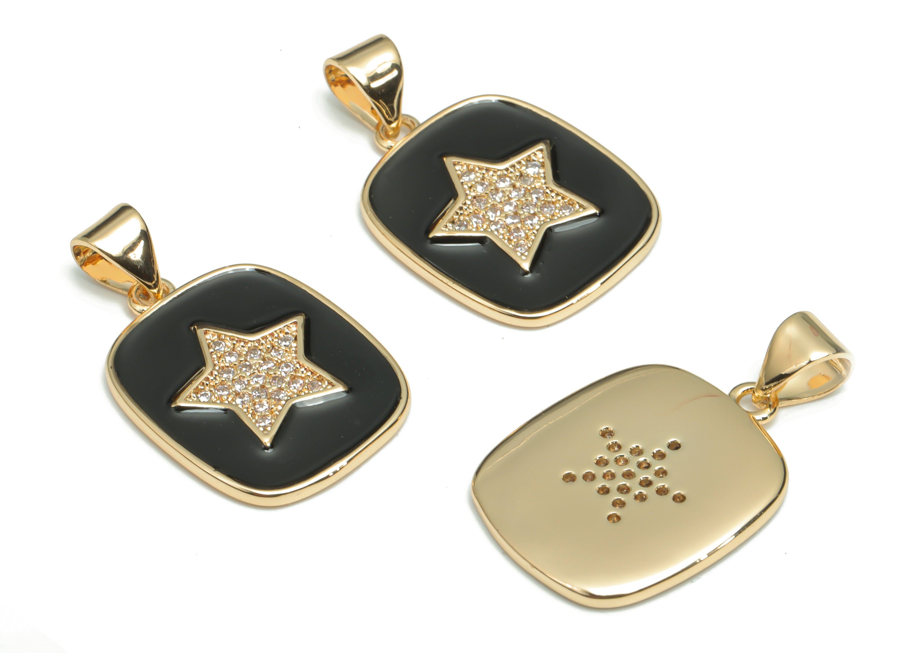 Brass Square Star Charms With Zincons - Enamel Star Square Pendant - 18K Real Gold Plated - Jewelry Supplies - 24.41x14.8x1.7mm - RGP4340C - DOMEDBAZAAR