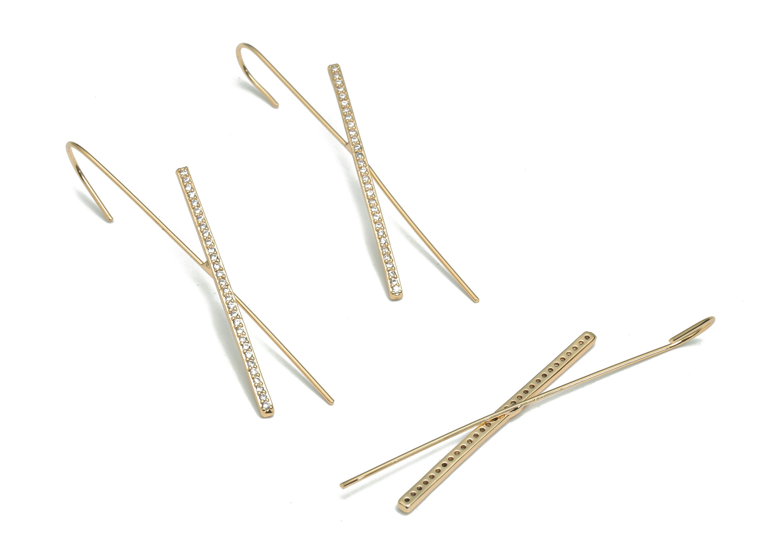 Brass X Earring Wire With Zircons - Gold X Earwire - 18K Real Gold Plated Brass - Earring Findings - 54.38x2.39x2.26mm - RGP4343 - DOMEDBAZAAR