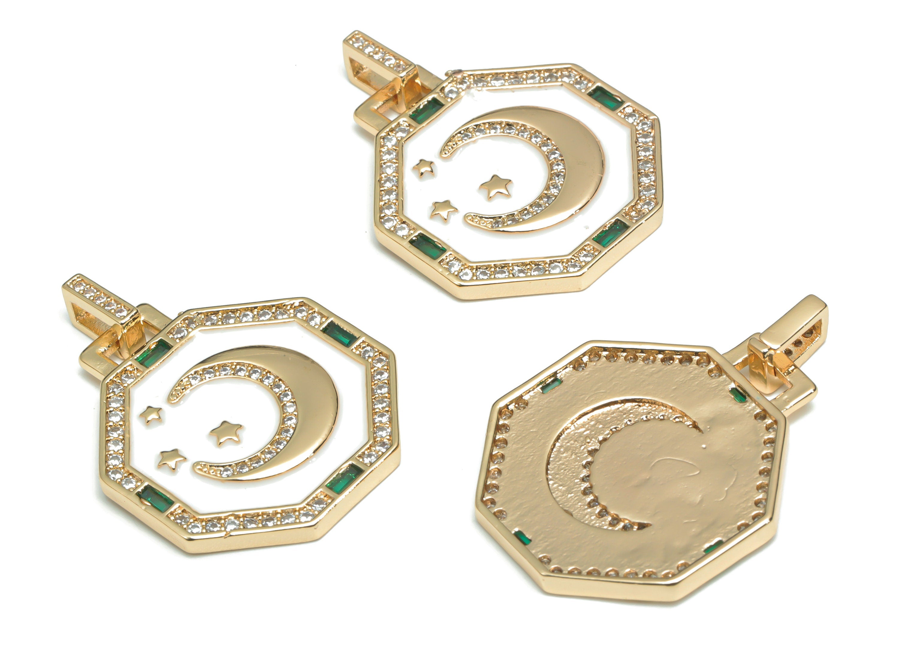 Brass Hexagon Crescent Planet Charms With Zincons - Enamel Moon Star Hexagon Pendant - 18K Real Gold Plated - 31.79x23.7x2.63mm - RGP4341A - DOMEDBAZAAR