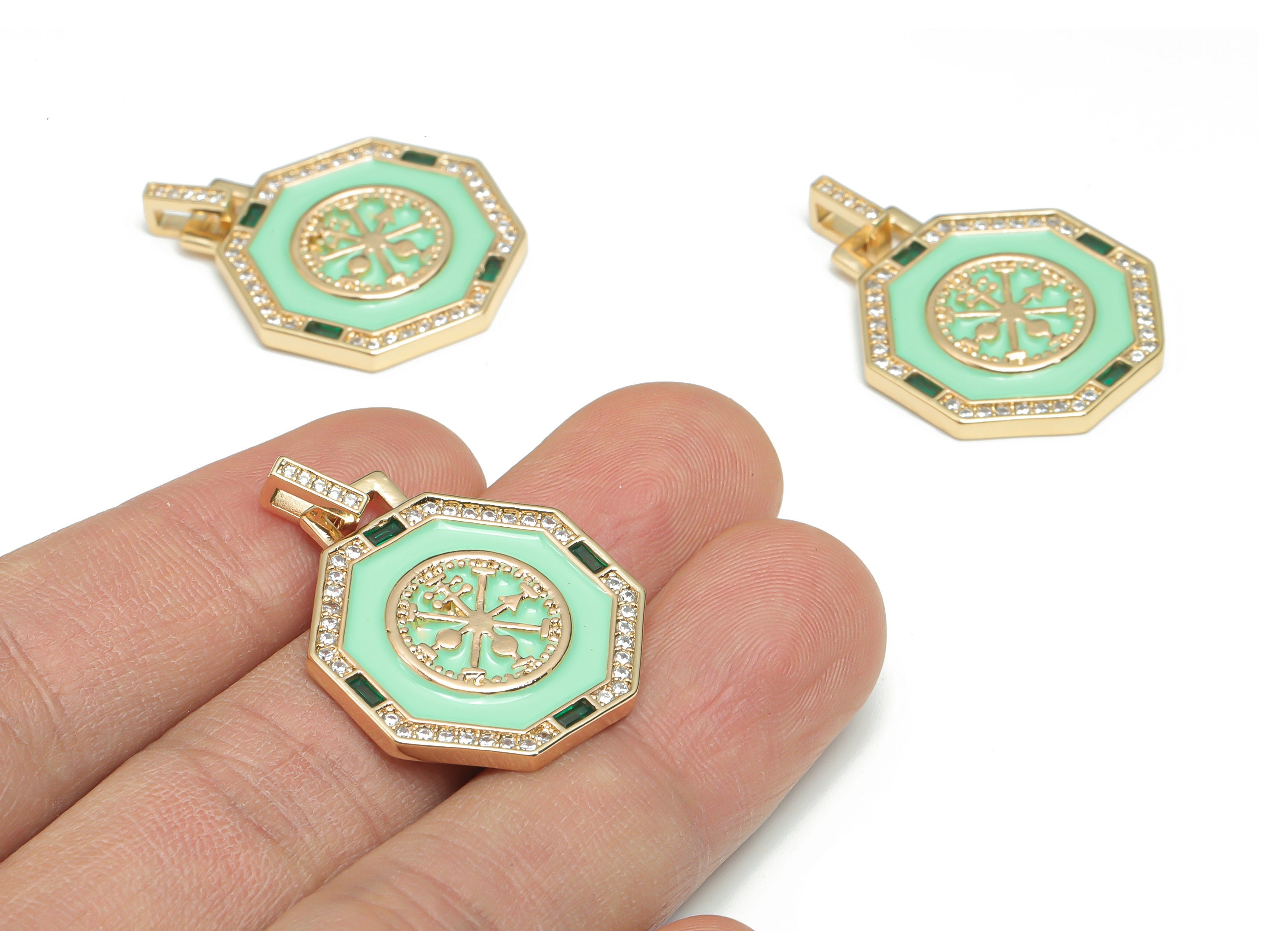 Brass Hexagon Round Earring Charms With Zincons - Enamel Arrow Hexagon Pendant - 18K Real Gold Plated - 31.79x23.7x2.63mm - RGP4341C - DOMEDBAZAAR