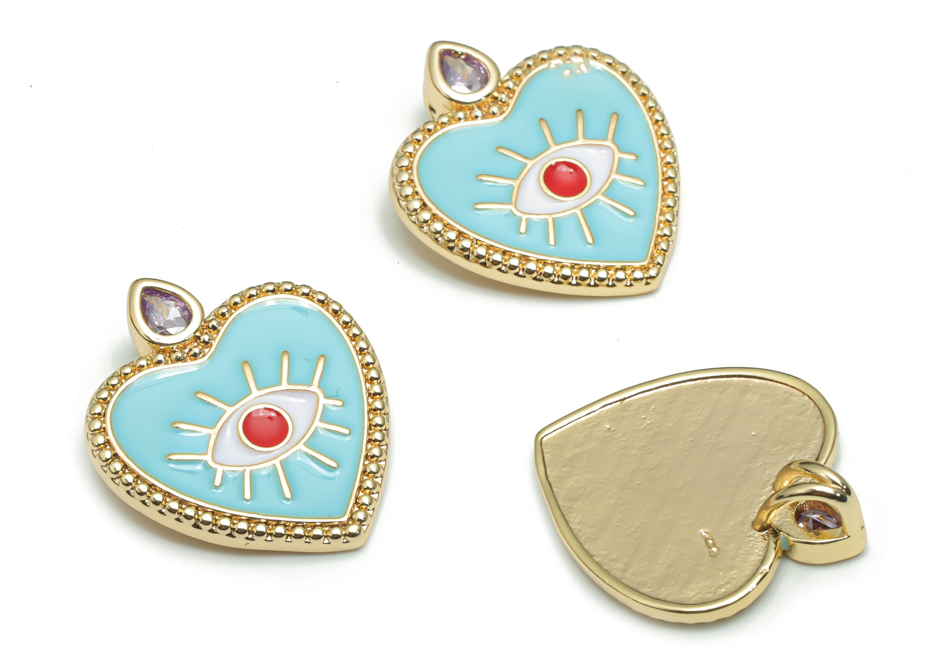 Brass Heart Eye Charms With Zincons - Enamel Eyelash Heart Pendant - 18K Real Gold Plated - Jewelry Supplies - 22.2x18.81x1.97mm - RGP4295C - DOMEDBAZAAR