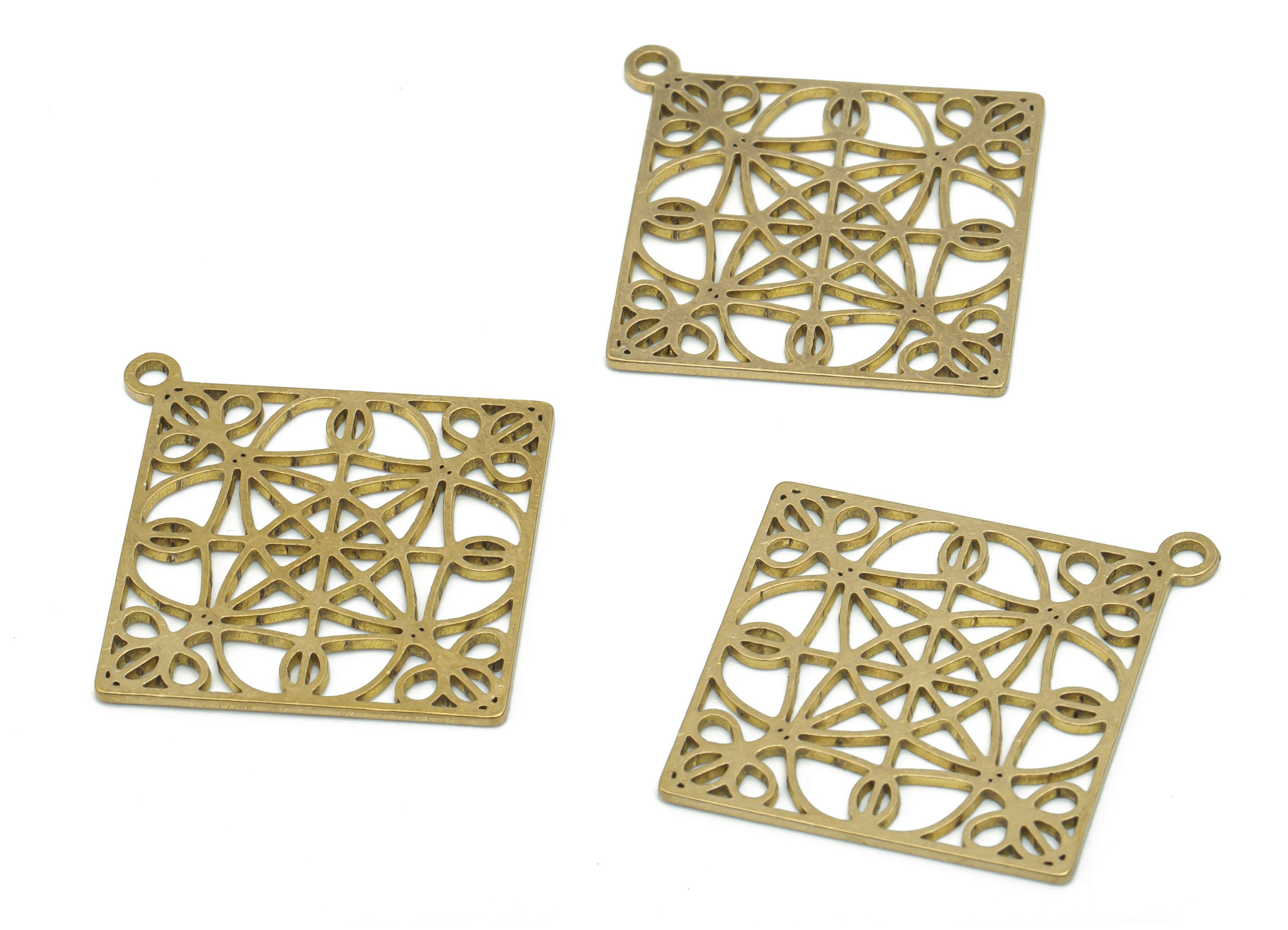 Brass Square Diamond Flower Earring Charms - Raw Brass Rhombic Flower Pendant - Jewelry Making Supplies - 37.71x34.77x0.87mm - PPA2566 - DOMEDBAZAAR