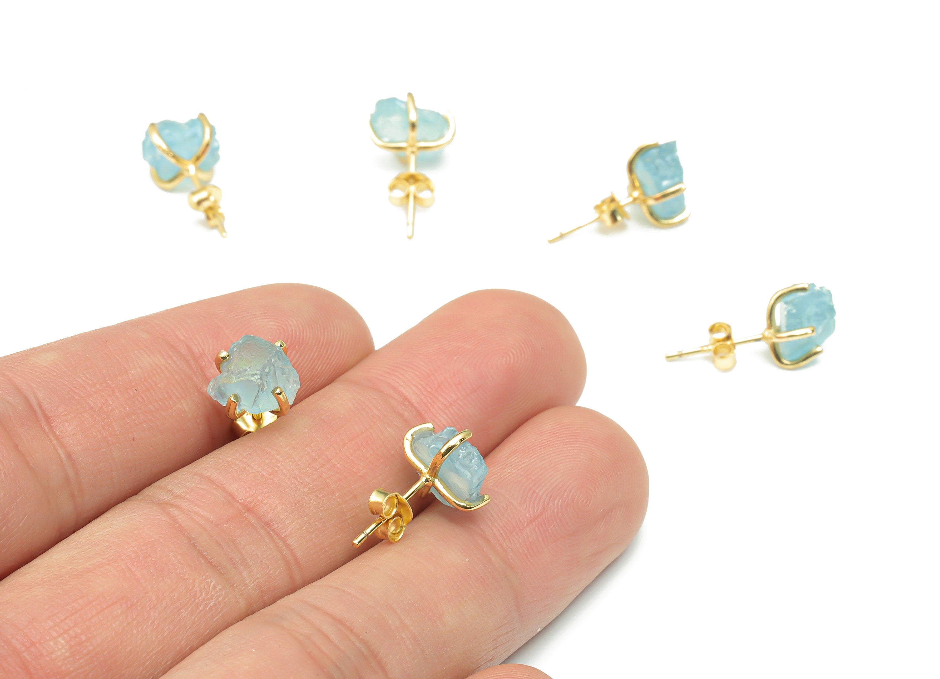 Sterling Silver Aquamarines Stud Earrings - Natural Stone Earring Post - 925 Silver Earrings - Raw Stone Earring - 8.8x7.5x7.03mm – SI1001 - DOMEDBAZAAR