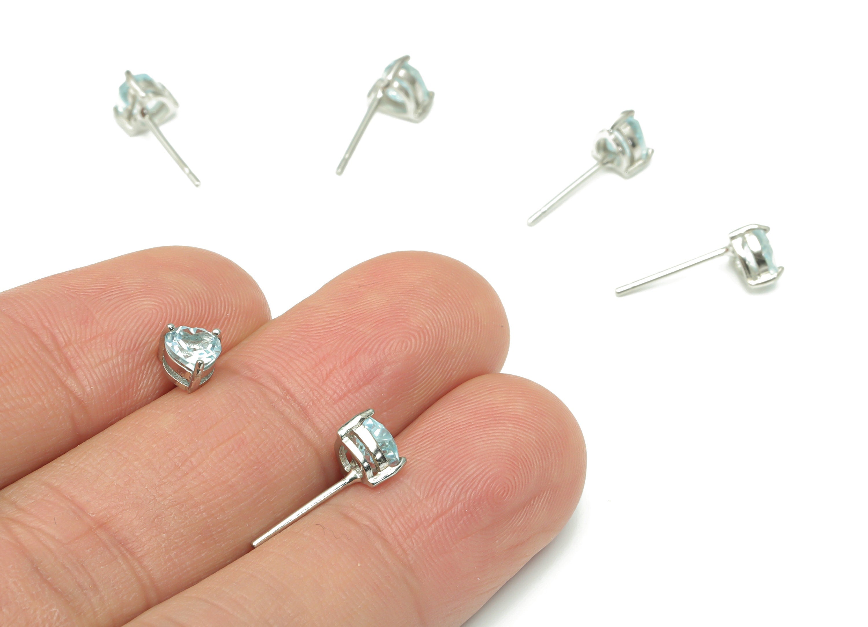 Sterling Silver Blue Topaz Stud Earrings - Heart Natural Stone Post - 925 Silver Earrings - Minimalist Style - 5.86x5.32x3.92mm – SI1007A - DOMEDBAZAAR