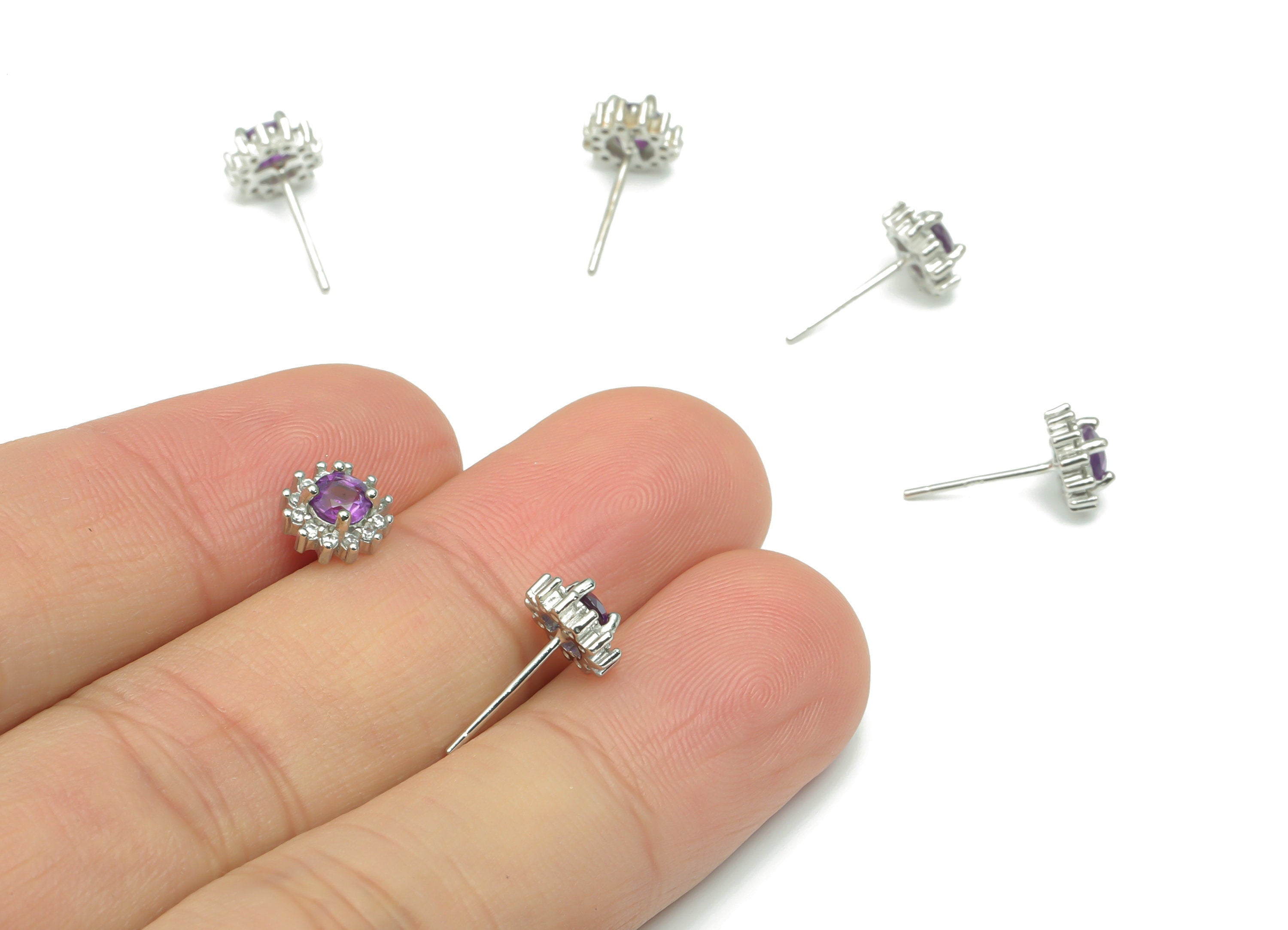 Sterling Silver Amethyst Stud Earrings - Zircon Mini Circle Natural Stone Earring Post - 925 Silver Earrings - 7.35x7.35x3.64mm – SI1014A - DOMEDBAZAAR
