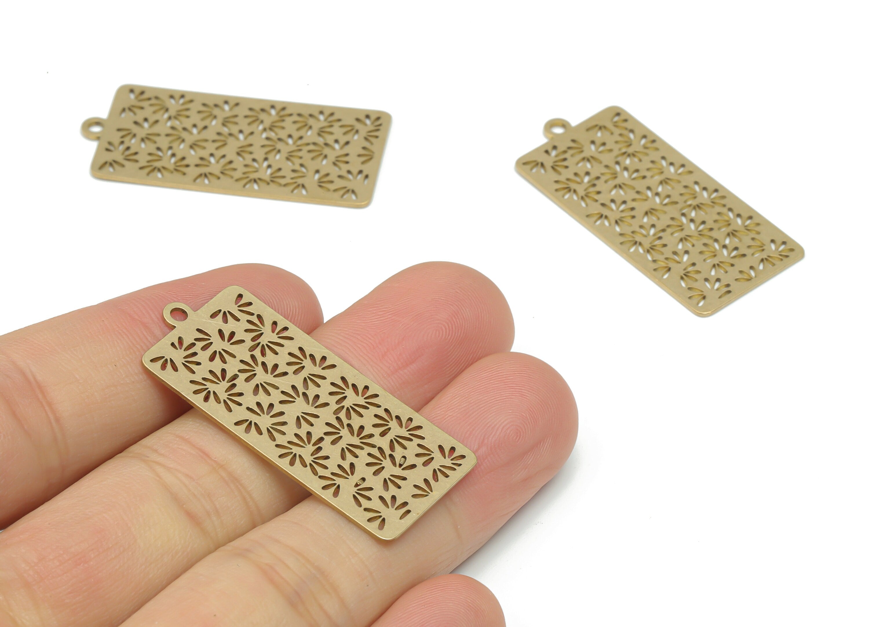 Brass Rectangle Grass Earring Charms - Raw Brass Rectangle Leaf Pendant - Jewelry Making Supplies - 39.7x18.37x0.62mm - PPA2869 - DOMEDBAZAAR