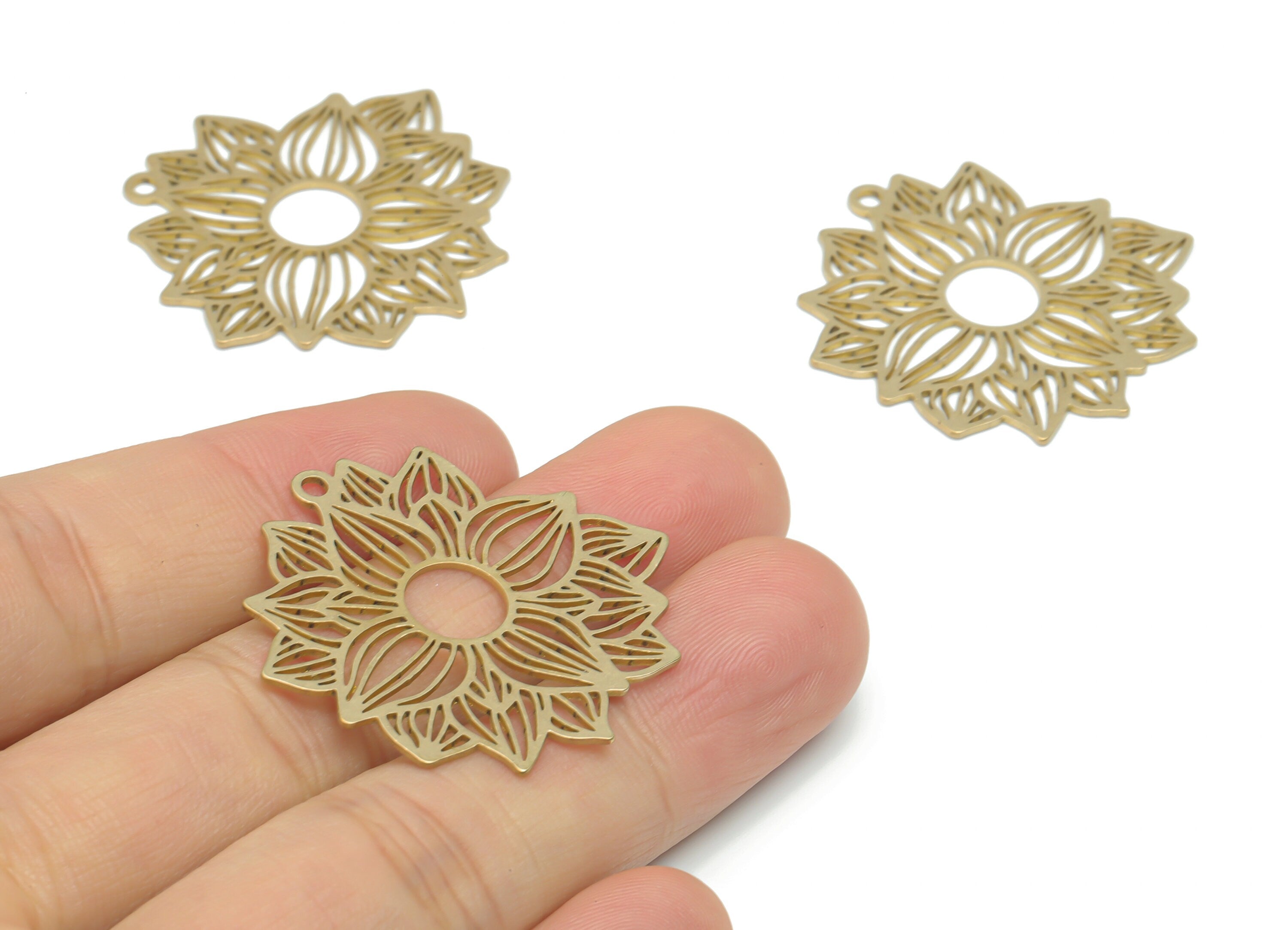 Brass Botanical Flower Earring Charms - Raw Brass Sun Flower Pendant - DIY Jewelry Making Supplies - 37.14x33.94x0.64mm - PPA2654 - DOMEDBAZAAR
