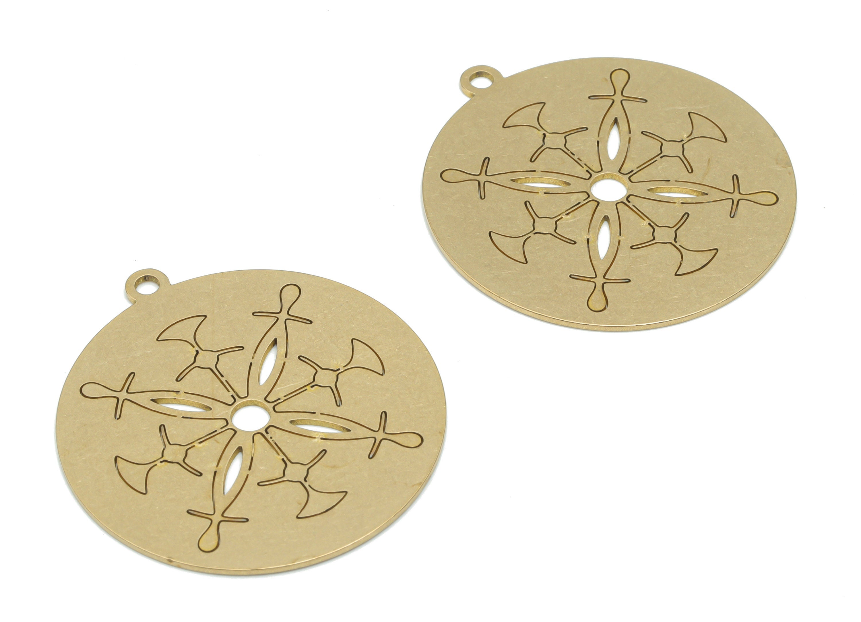 Brass Round Flower Earring Charms - Raw Brass Flower Circle Pendant - DIY Jewelry Making Supplies - 34.83x31.9x0.64mm - PPA2577 - DOMEDBAZAAR