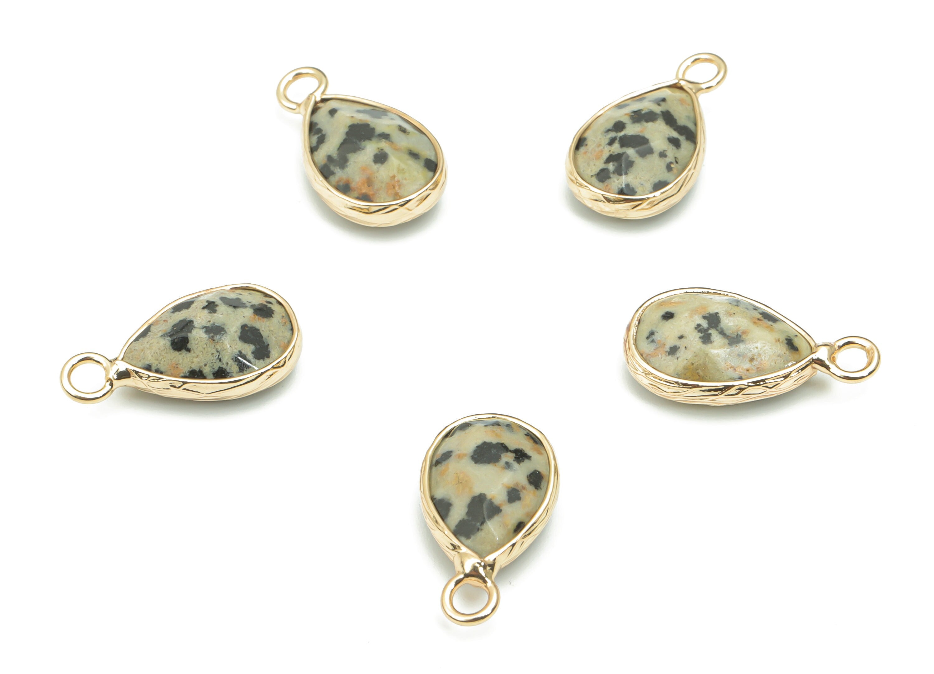 Dalmatian Jasper Faceted Natural Stone Charms - Brass Teardrop Pendant - Gold Tone Plated Brass – Jewelry Supplies - 17.83x9.5x5mm – NS1626C - DOMEDBAZAAR