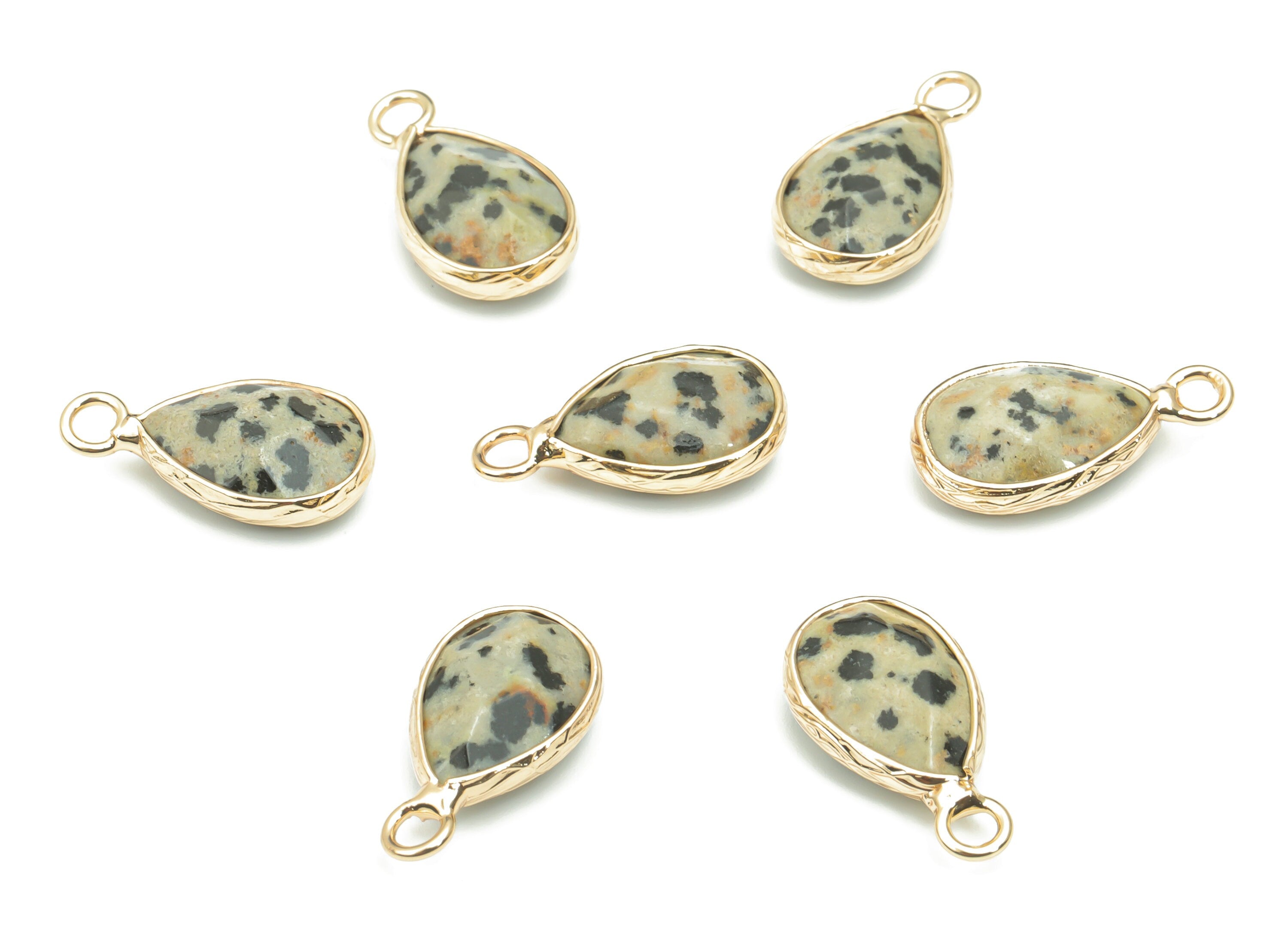 Dalmatian Jasper Faceted Natural Stone Charms - Brass Teardrop Pendant - Gold Tone Plated Brass – Jewelry Supplies - 17.83x9.5x5mm – NS1626C - DOMEDBAZAAR