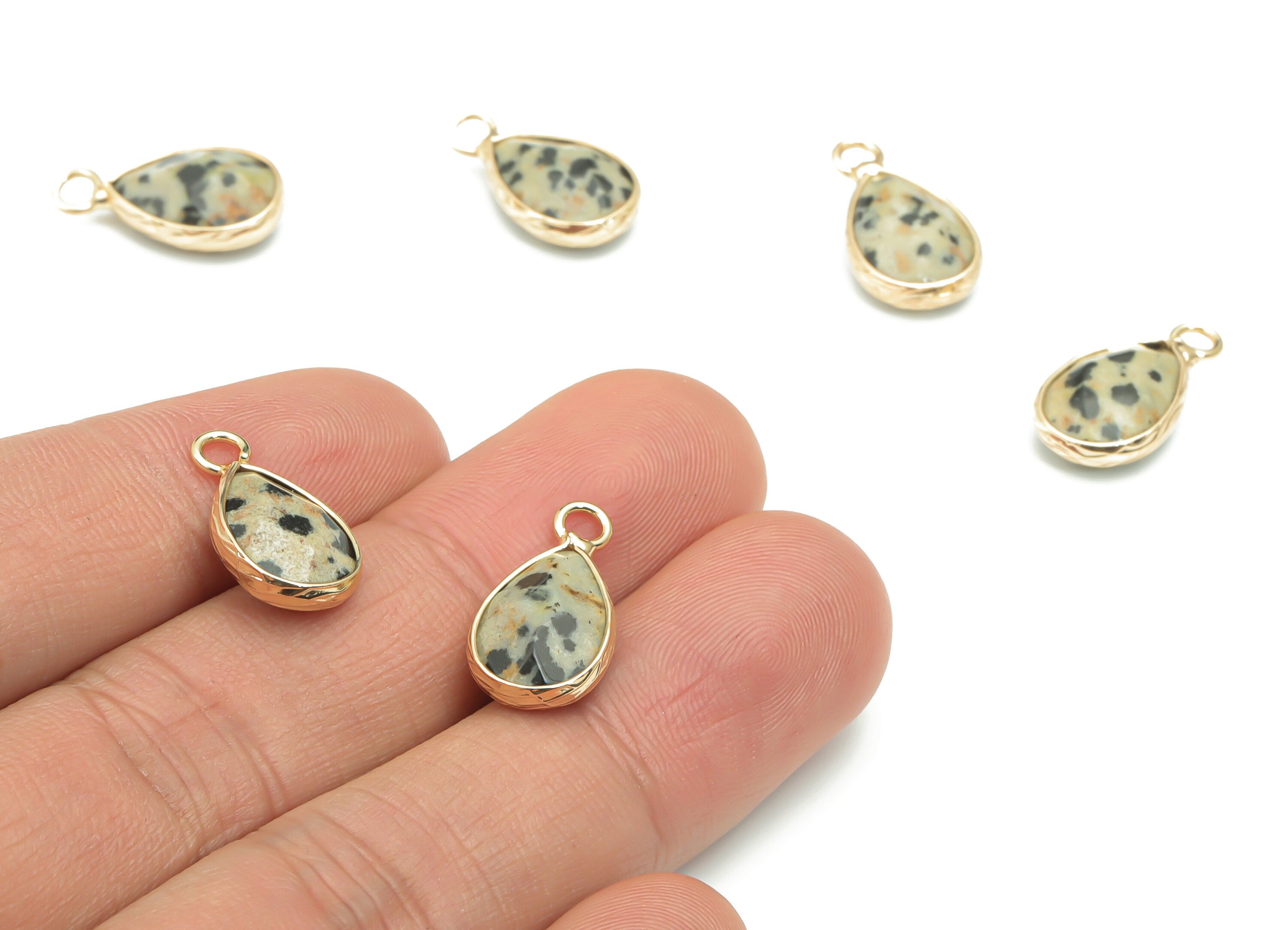 Dalmatian Jasper Faceted Natural Stone Charms - Brass Teardrop Pendant - Gold Tone Plated Brass – Jewelry Supplies - 17.83x9.5x5mm – NS1626C - DOMEDBAZAAR
