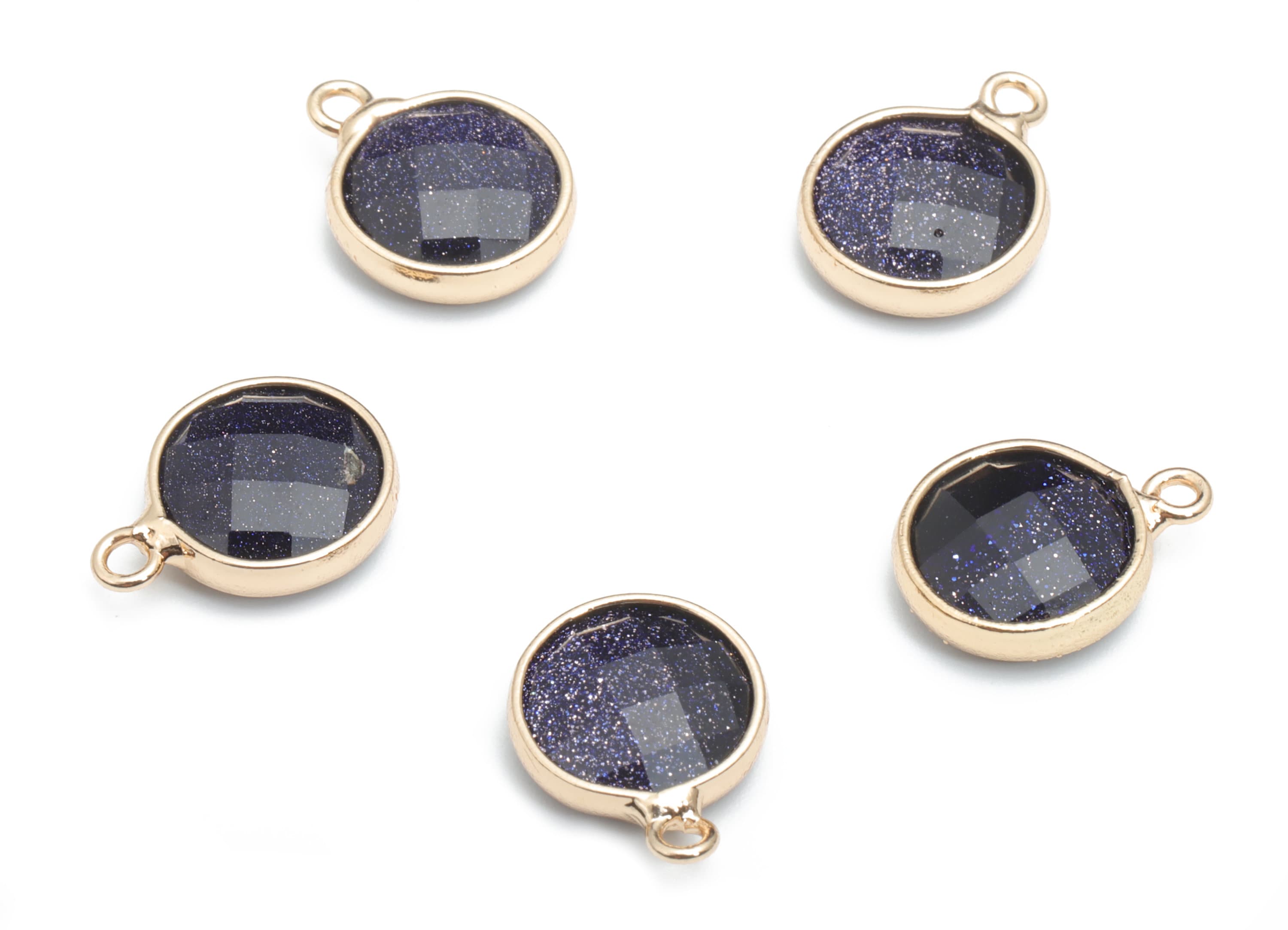 Blue Goldstone Faceted Natural Stone Charms - Brass Round Pendant - Gold Tone Plated Brass – Jewelry Supplies - 14.43x11.13x4.06mm – NS1661A - DOMEDBAZAAR