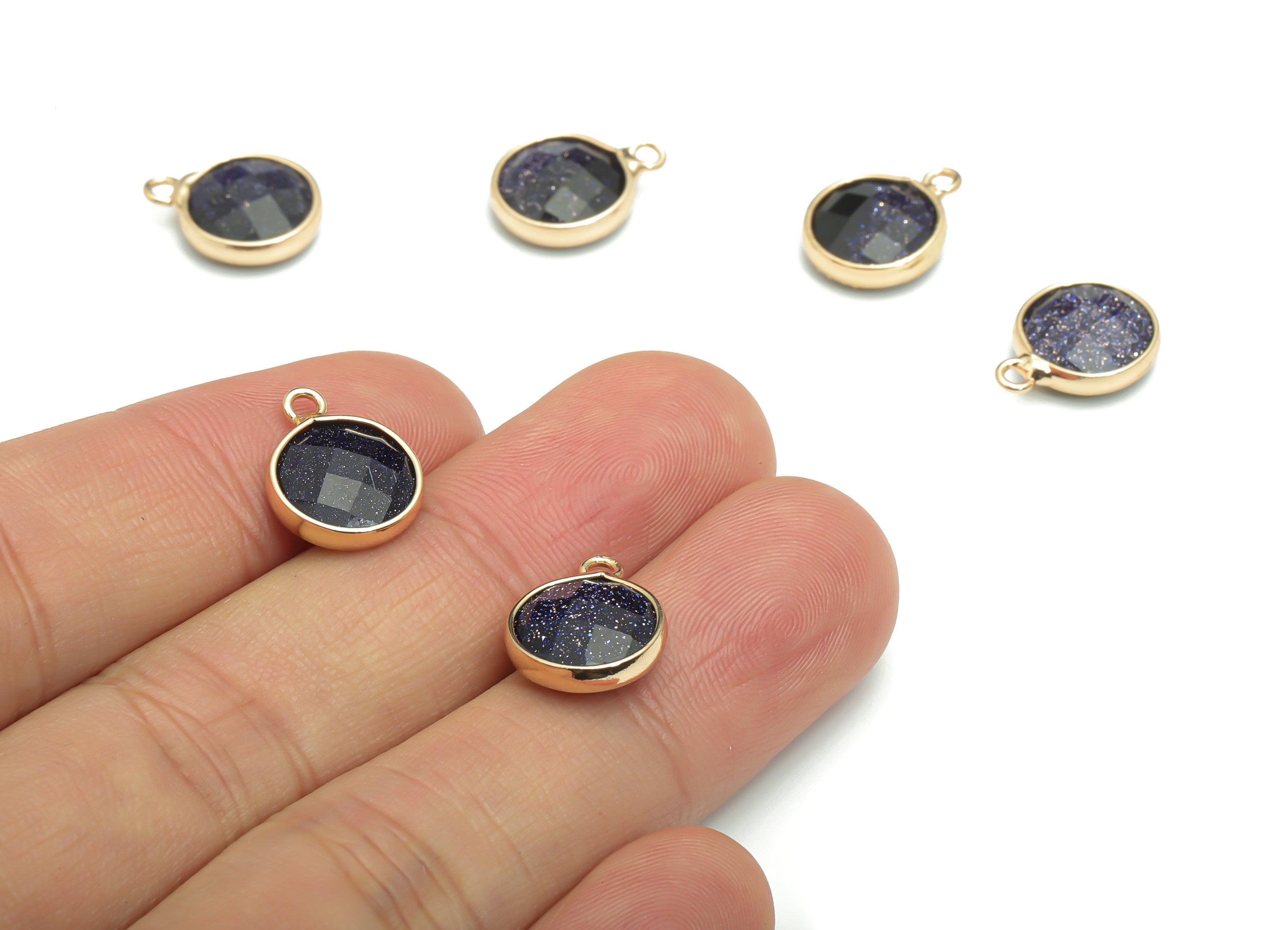 Blue Goldstone Faceted Natural Stone Charms - Brass Round Pendant - Gold Tone Plated Brass – Jewelry Supplies - 14.43x11.13x4.06mm – NS1661A - DOMEDBAZAAR