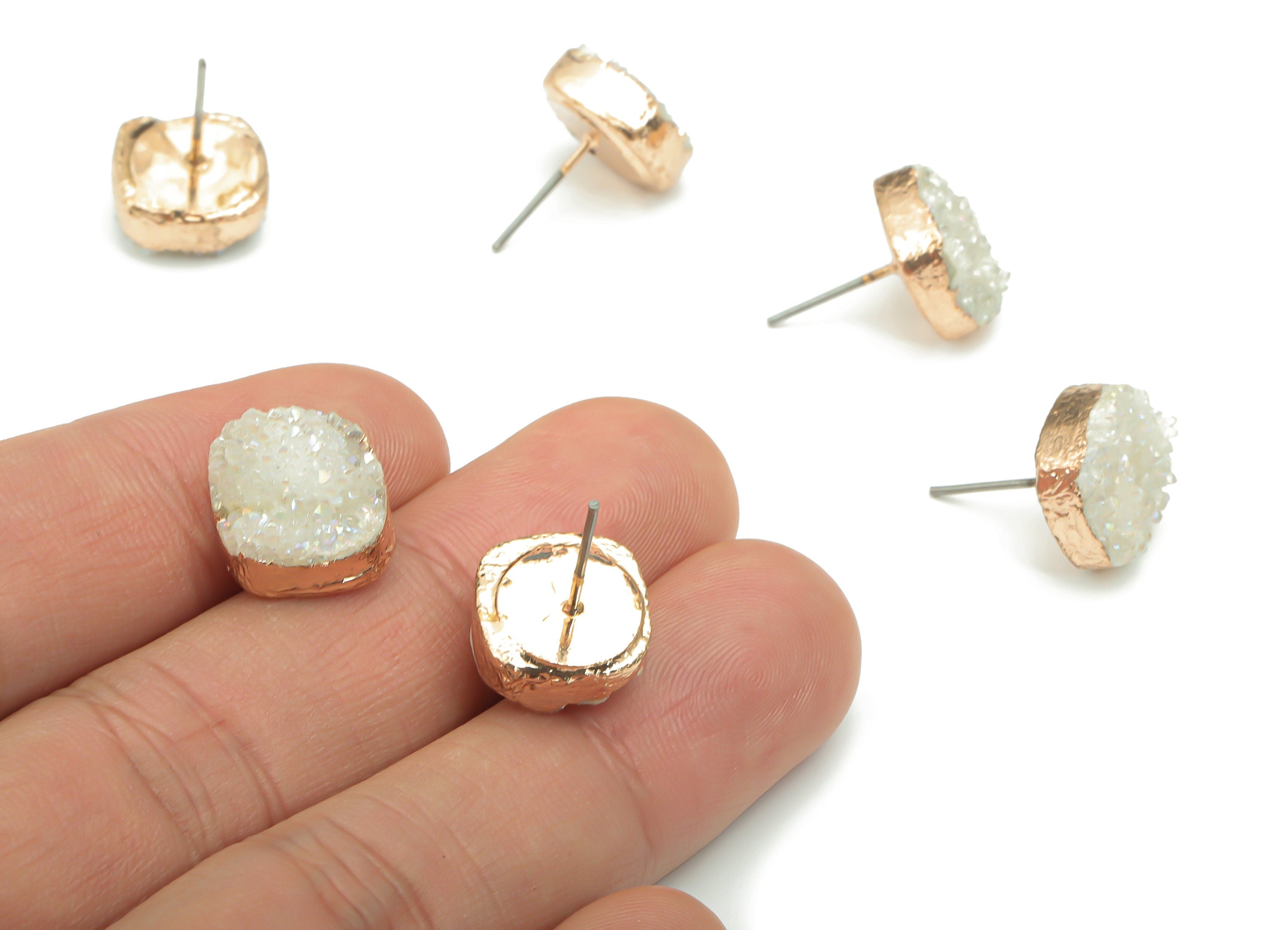 White Druzy Aura Quartz Natural Stone Stud - Brass Square Post - Gold Tone Plated Brass – Stainless Steel Stud - 12.53x12.4x6.2mm - NS1631 - DOMEDBAZAAR
