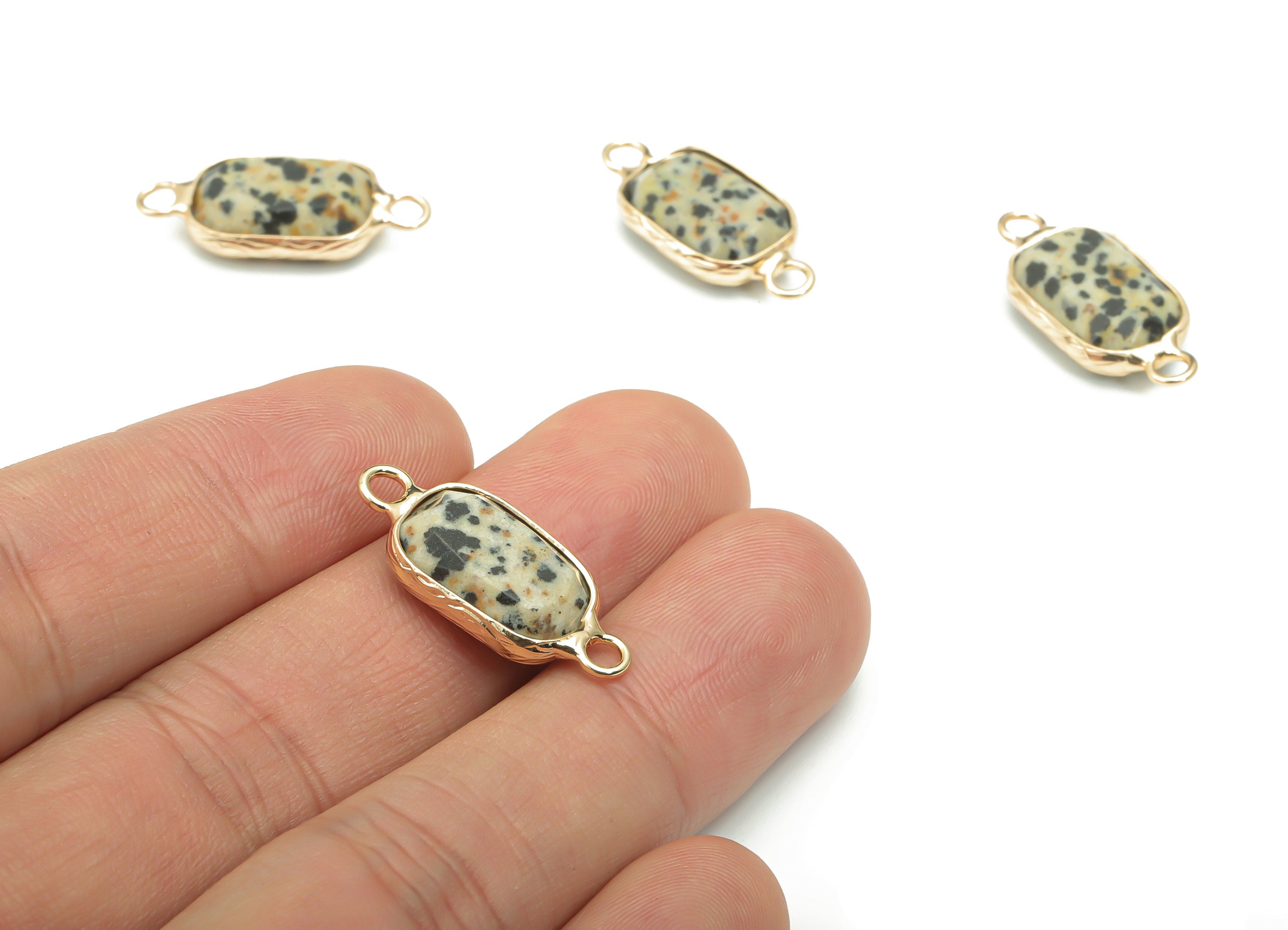 Dalmatian Jasper Faceted Natural Stone Connectors - Brass Rectangle Charms - Gold Tone Plated Brass – 24.43x11.49x5.2mm – NS1630B - DOMEDBAZAAR