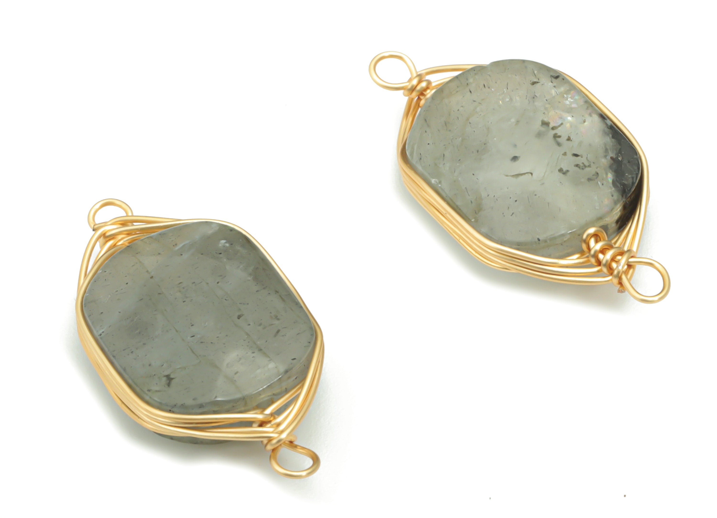 Labradorite Faceted Natural Stone Earring Connectors - Brass Wire Wrapped Square Bracelet - Gold Tone Plated Brass – 21.8x10.9x4.9mm–NS1655E - DOMEDBAZAAR