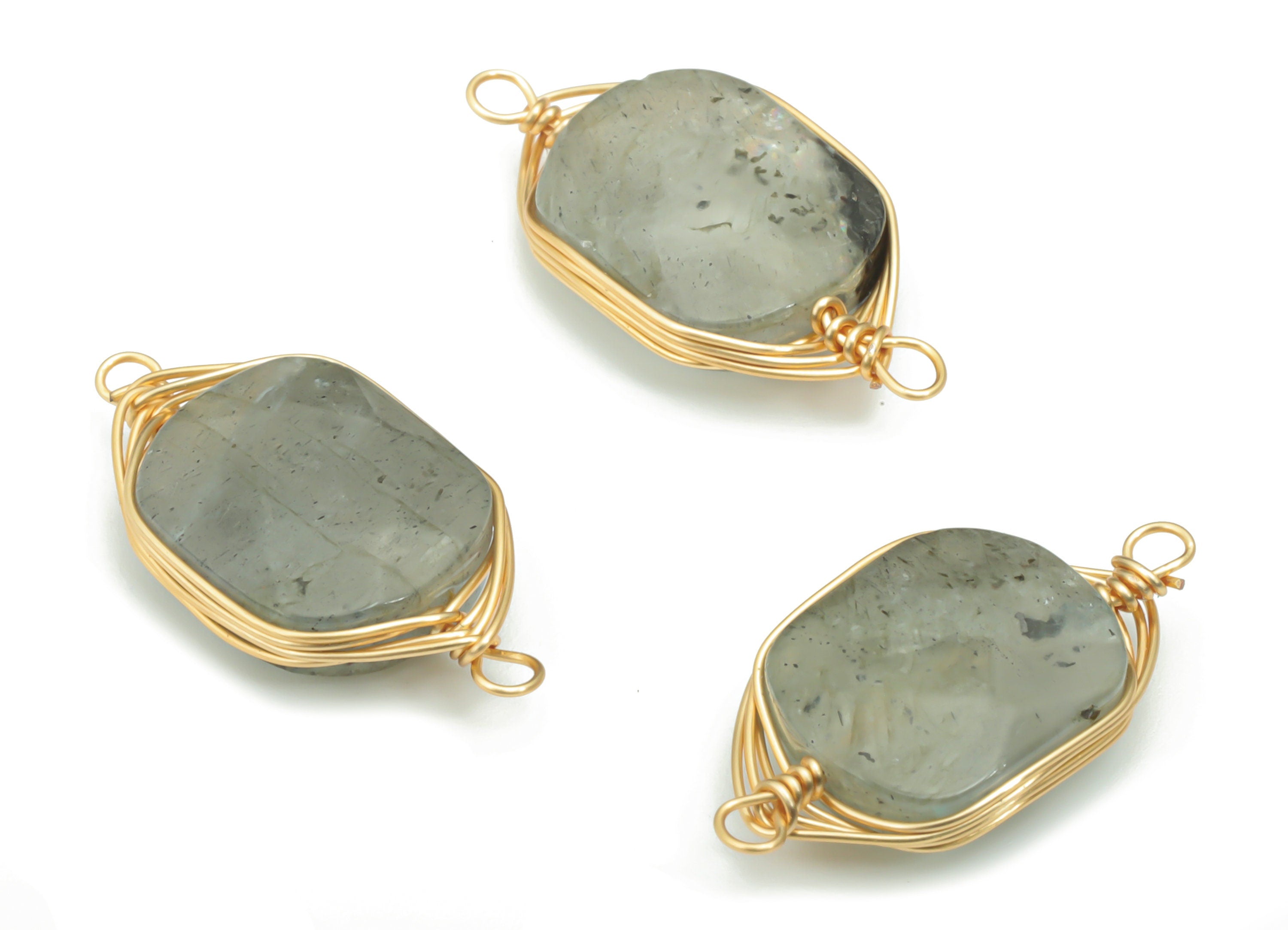 Labradorite Faceted Natural Stone Earring Connectors - Brass Wire Wrapped Square Bracelet - Gold Tone Plated Brass – 21.8x10.9x4.9mm–NS1655E - DOMEDBAZAAR