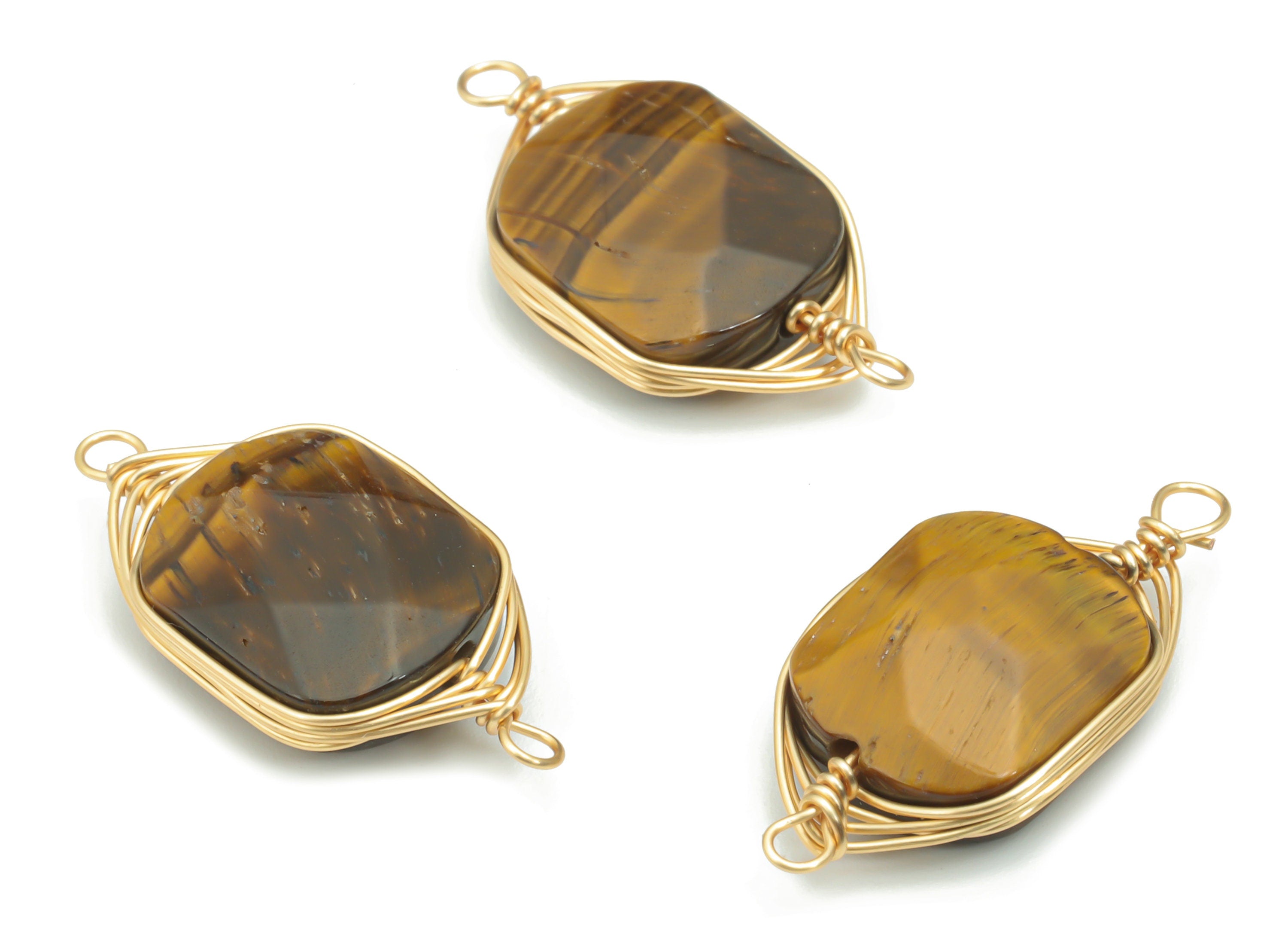 Tiger eye Faceted Natural Stone Earring Connectors - Brass Wire Wrapped Square Charms - Gold Tone Plated Brass – 22.72x11.19x5.1mm – NS1655D - DOMEDBAZAAR