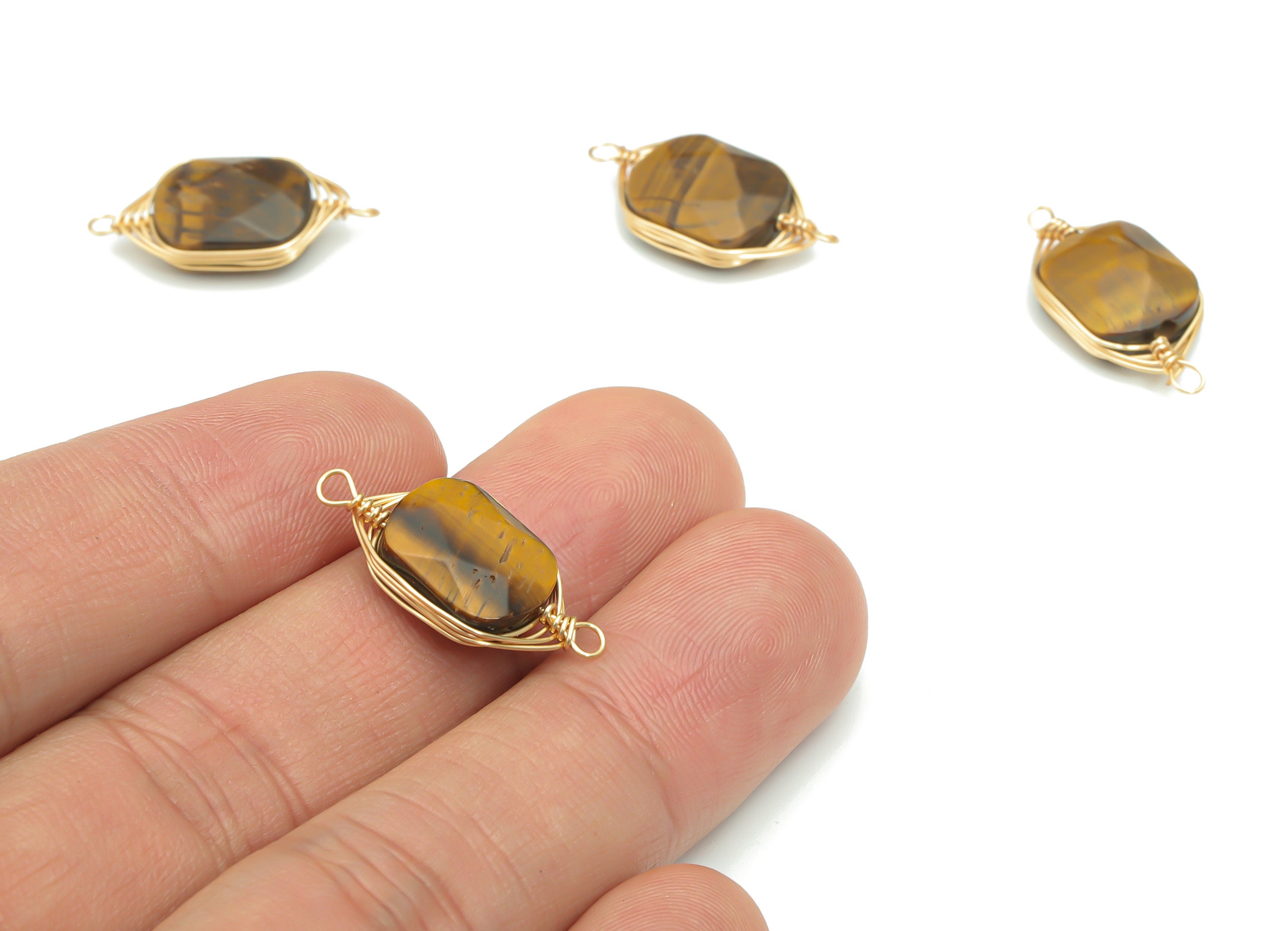Tiger eye Faceted Natural Stone Earring Connectors - Brass Wire Wrapped Square Charms - Gold Tone Plated Brass – 22.72x11.19x5.1mm – NS1655D - DOMEDBAZAAR
