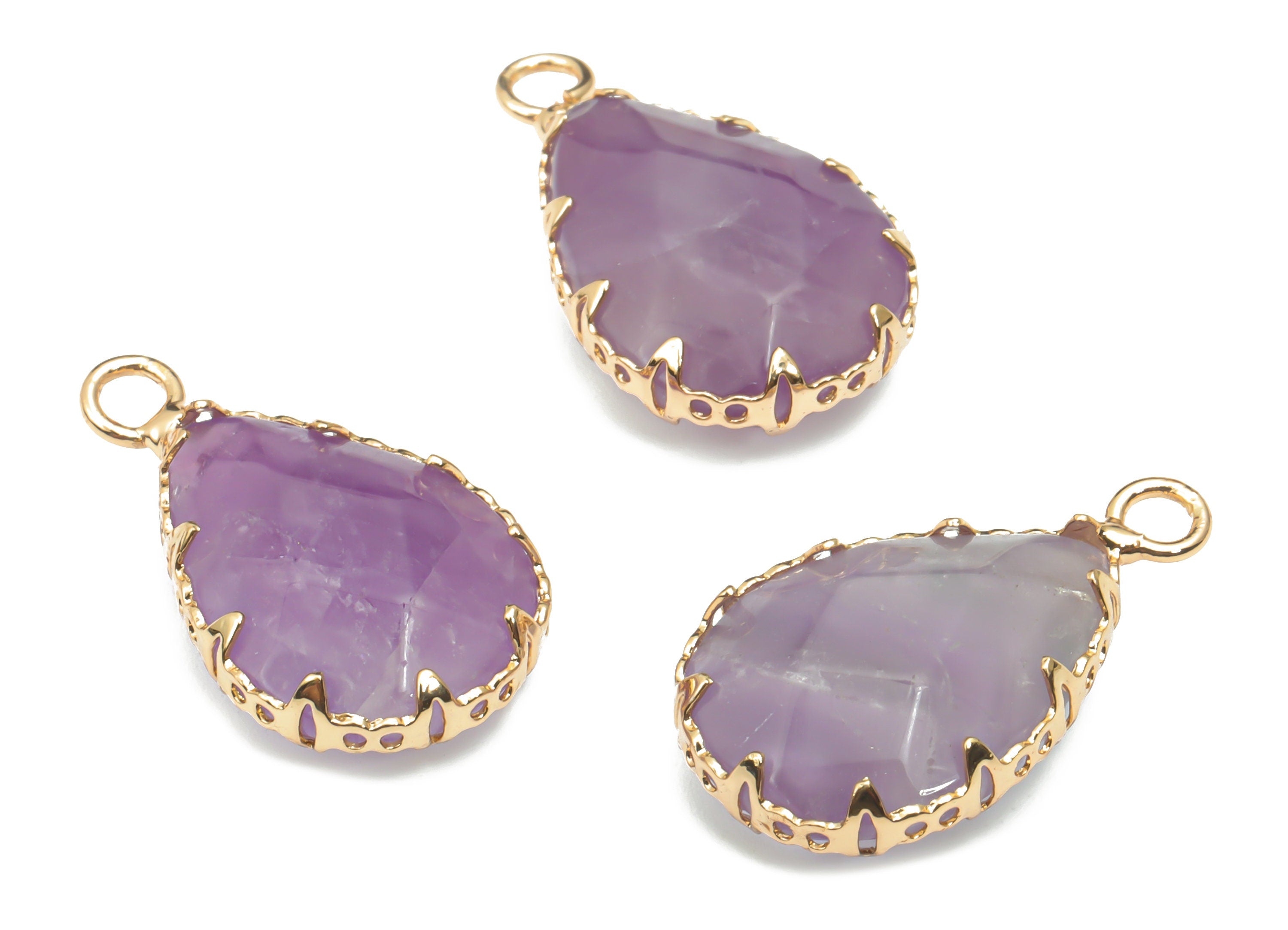 Amethyst Faceted Natural Stone Teardrop Charms - Brass Drop Pendant - Gold Tone Plated Brass – Jewelry Supplies - 23.14x13.9x5.6mm – NS1636C - DOMEDBAZAAR