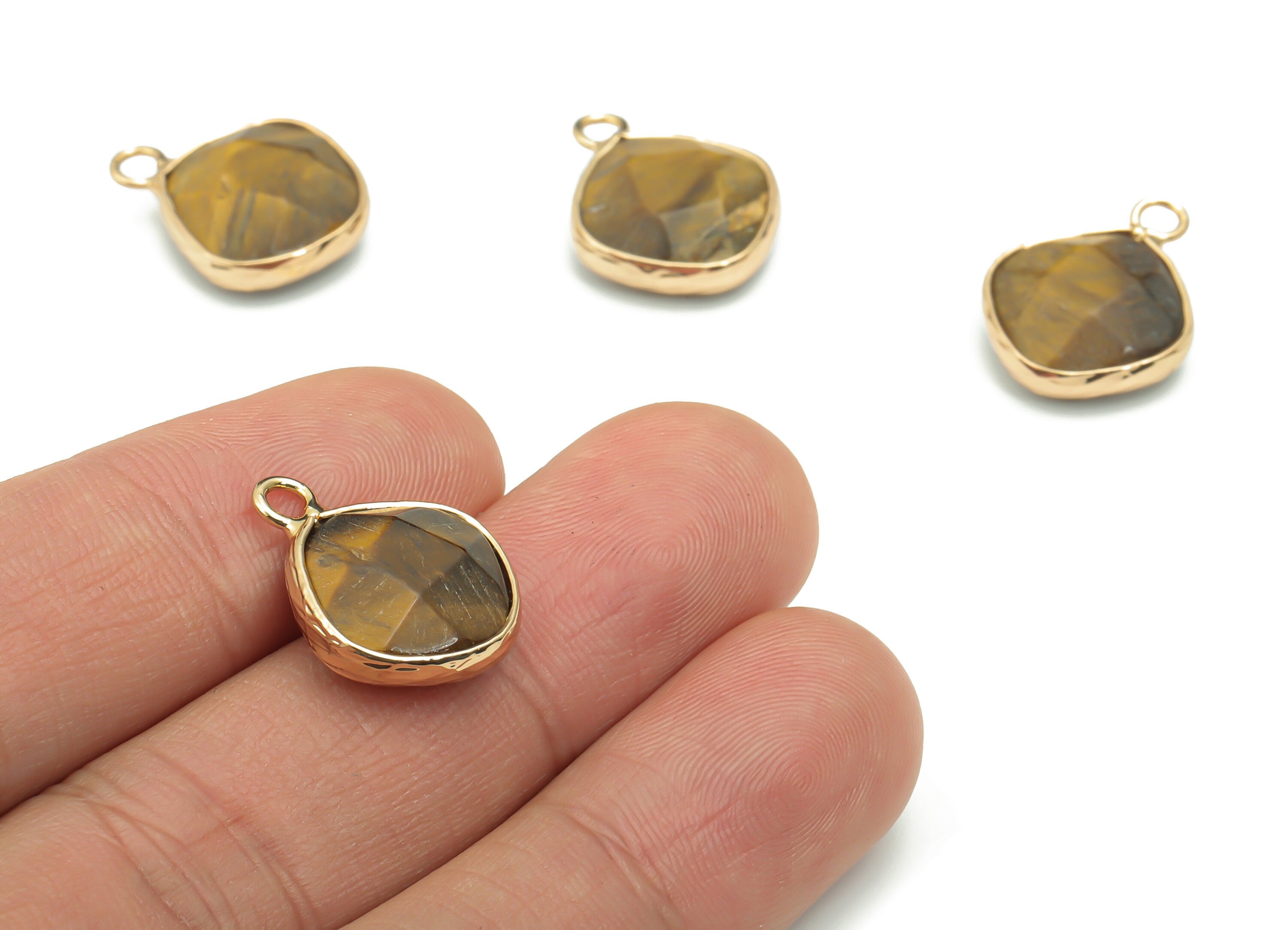Tiger eye Faceted Natural Stone Earring Charms - Brass Diamond Pendant - Gold Tone Plated Brass – Jewelry Supplies - 19.3x15.3x6.3mm–NS1637E - DOMEDBAZAAR