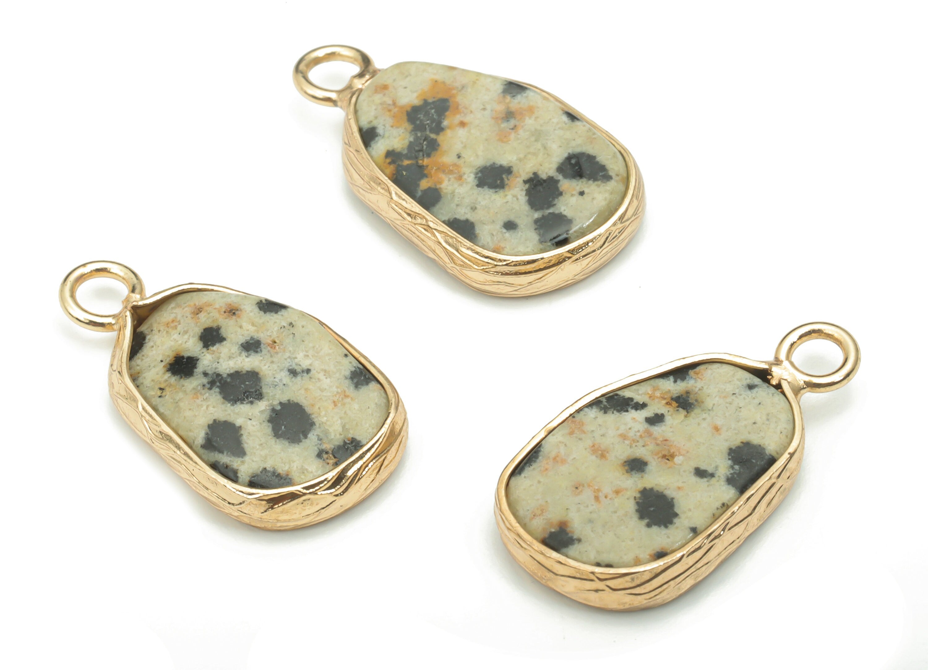 Dalmatian Jasper Natural Stone Irregular Earring Charms - Brass Irregular Pendant - Gold Tone Plated Brass – 19.92x10.94x3.81mm – NS1640B - DOMEDBAZAAR