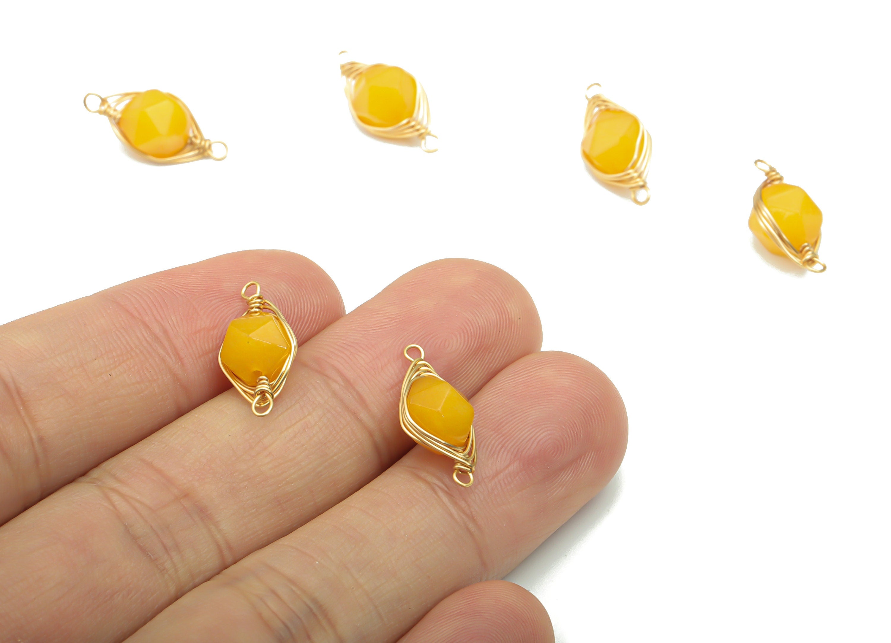 Calcite Orange Faceted Natural Stone Connectors - Brass Wire Wrapped Stone Bracelet - Gold Tone Plated Brass – 17.85x8.32x6.85mm – NS1653B - DOMEDBAZAAR