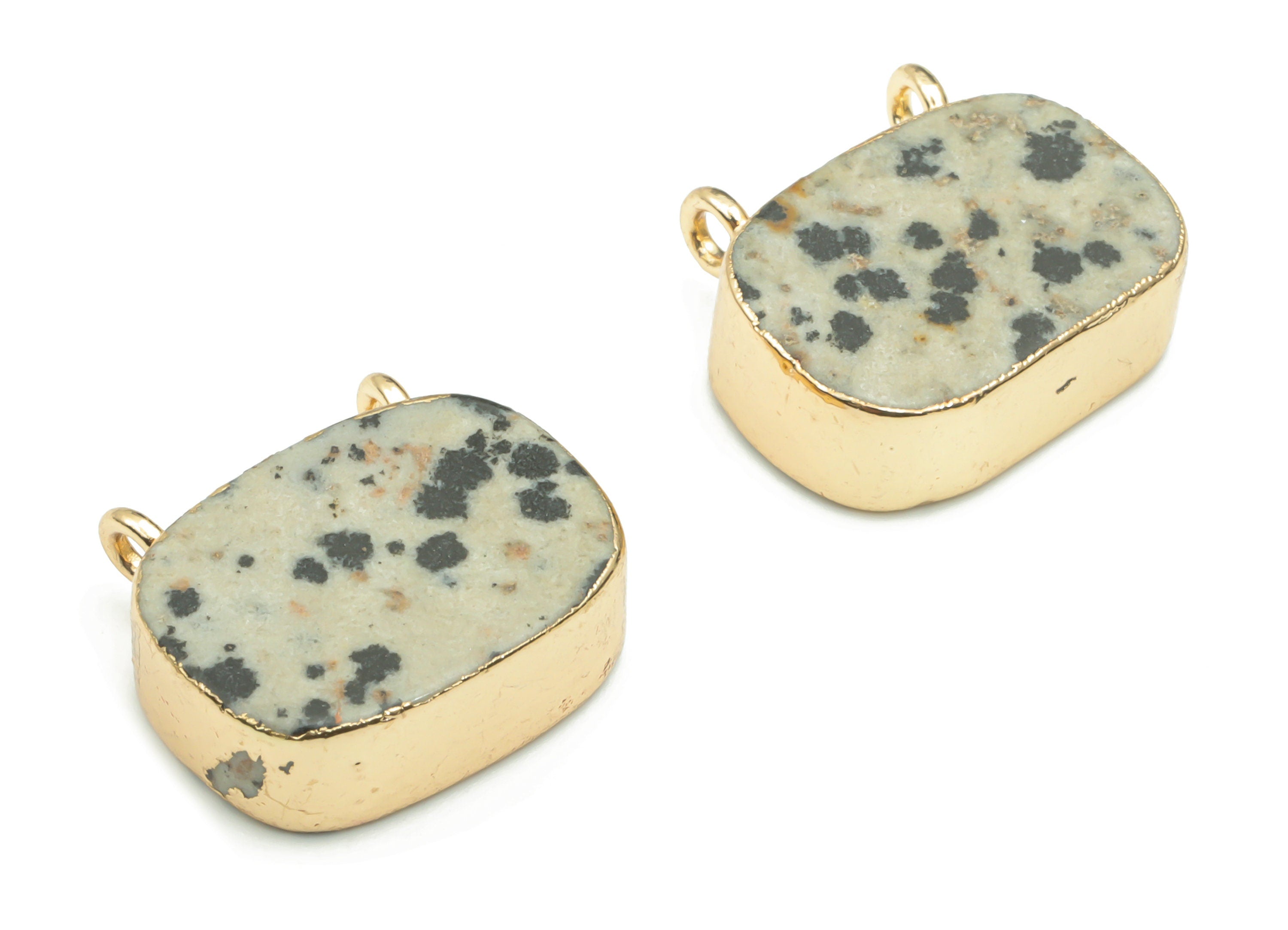 Dalmatian Jasper Faceted Natural Stone Earring Connectors - Brass Rectangle Charms - Gold Tone Plated Brass – 18.3x16.23x6.84mm – NS1664 - DOMEDBAZAAR