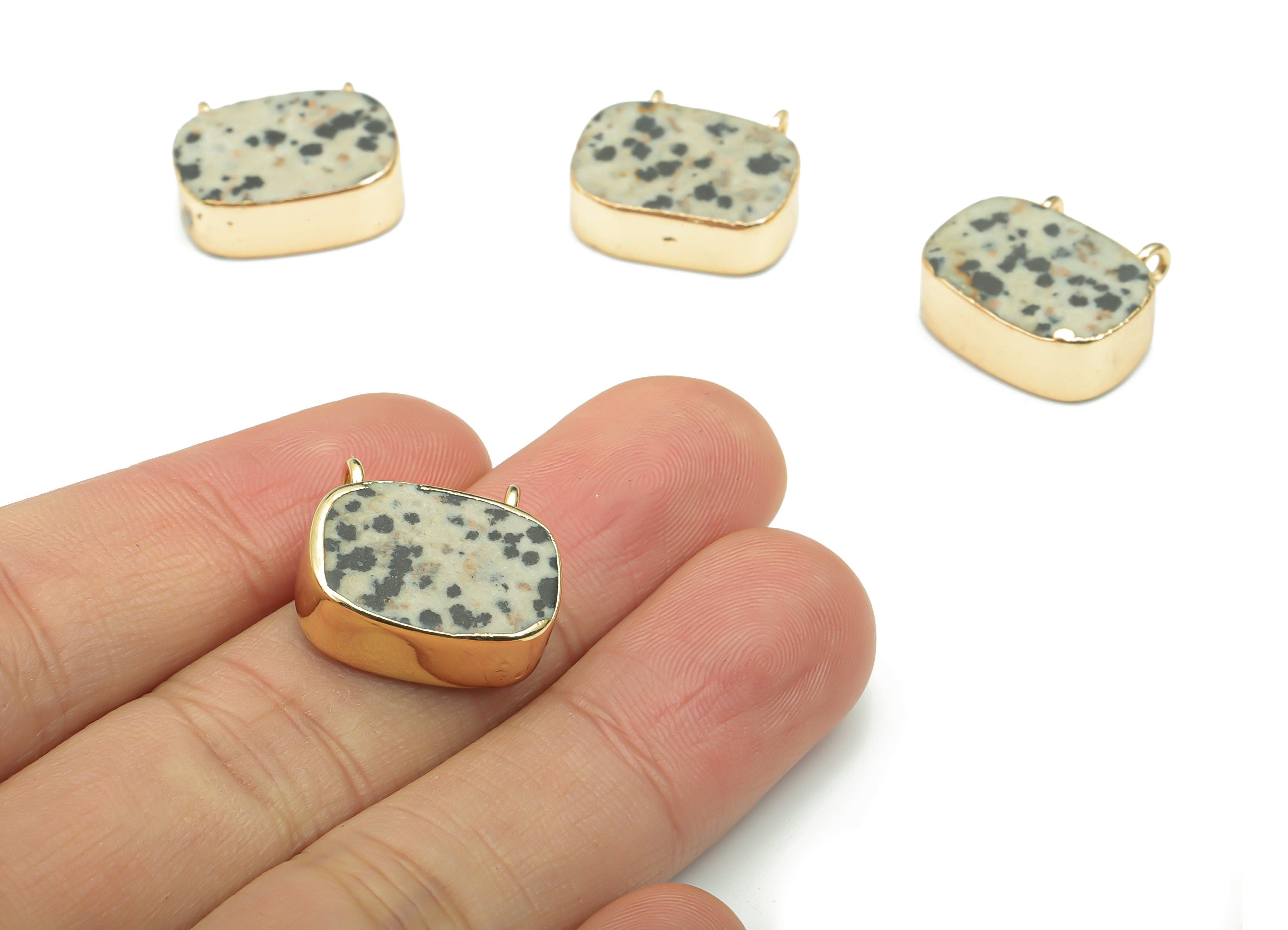 Dalmatian Jasper Faceted Natural Stone Earring Connectors - Brass Rectangle Charms - Gold Tone Plated Brass – 18.3x16.23x6.84mm – NS1664 - DOMEDBAZAAR
