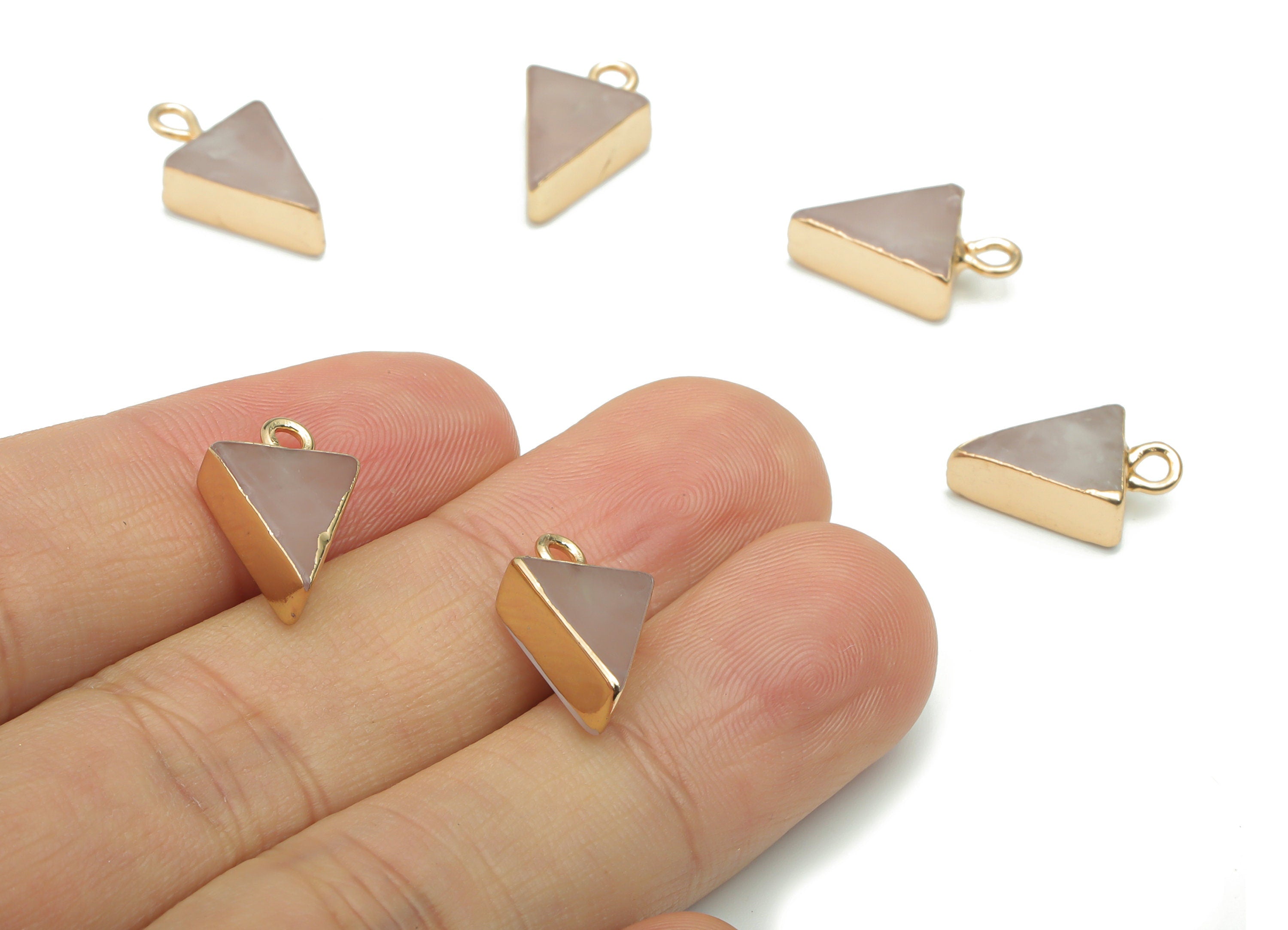 Rose Quartz Natural Stone Earring Charms - Brass Triangle Pendant - Gold Tone Plated Brass – Jewelry Supplies - 16.07x10.01x5.05mm – NS1635A - DOMEDBAZAAR