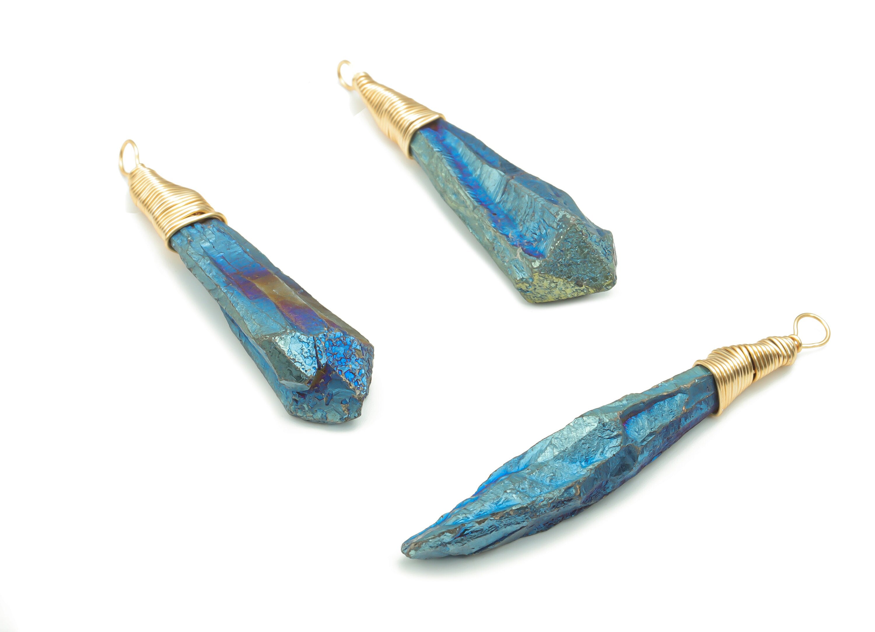 Blue Aura Quartz Stone Earring Charms - Brass Wire Wrapped Stone Pendant - Natural Stone - Gold Tone Plated Brass – 58.76x11.9x11.9mm–NS1650 - DOMEDBAZAAR