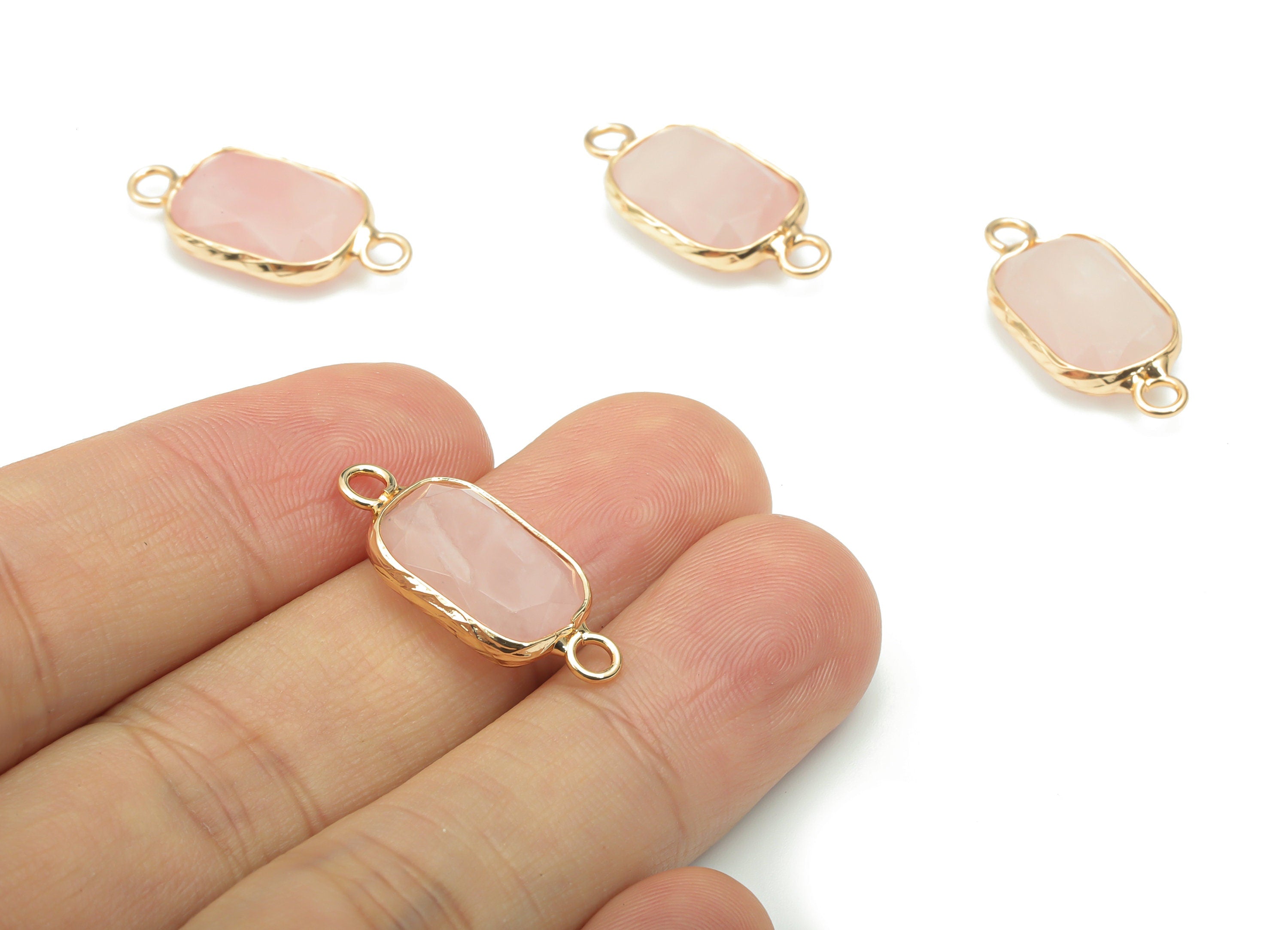 Rose Quartz Faceted Natural Stone Connectors - Brass Rectangle Charms - Gold Tone Plated Brass – Jewelry Supplies - 24.4x11.5x5.2mm– NS1630D - DOMEDBAZAAR