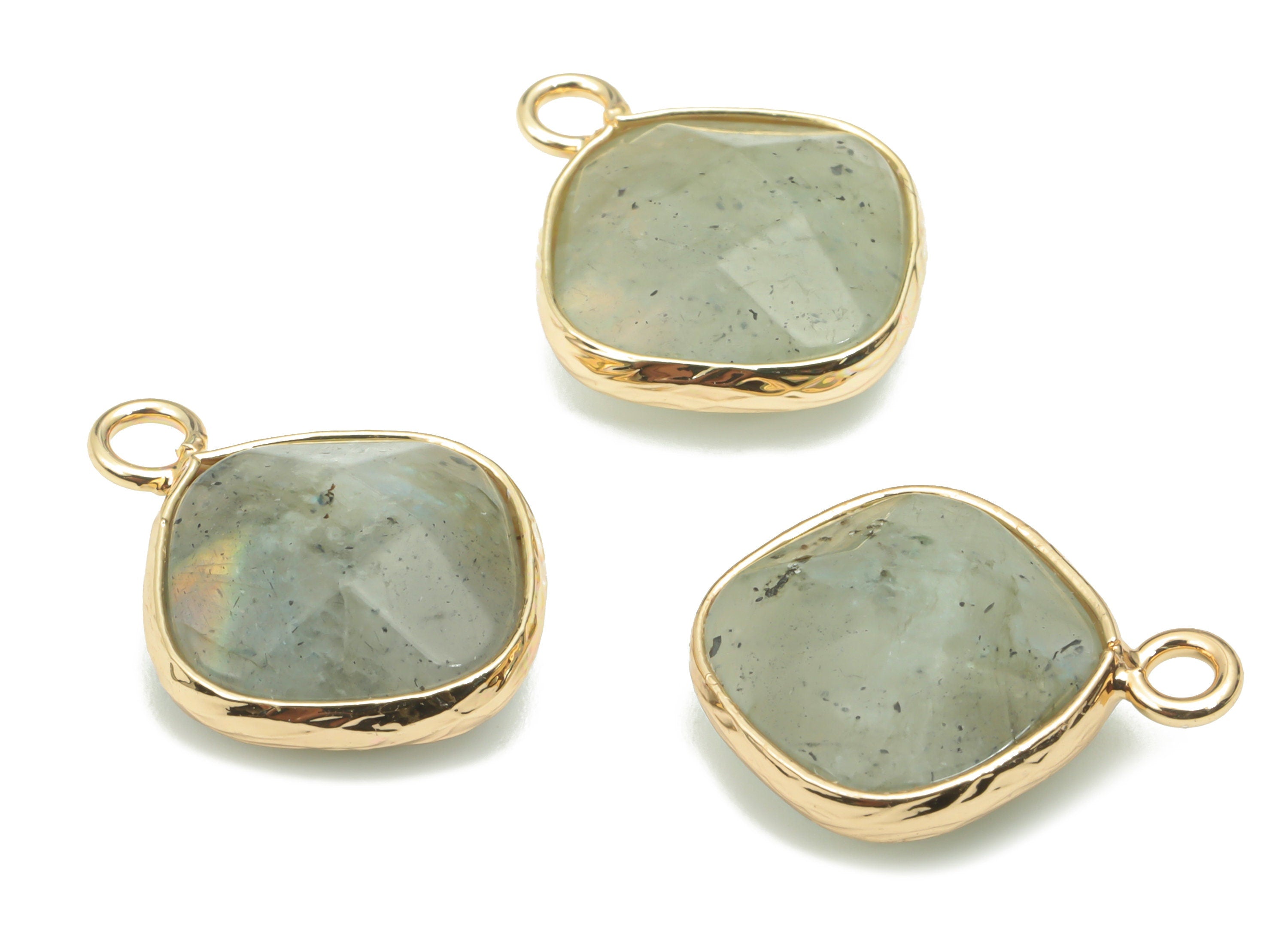 Labradorite Faceted Natural Stone Square Earring Charms - Brass Diamond Pendant - Gold Tone Plated Brass – 19.3x15.34x6.28mm – NS1637F - DOMEDBAZAAR
