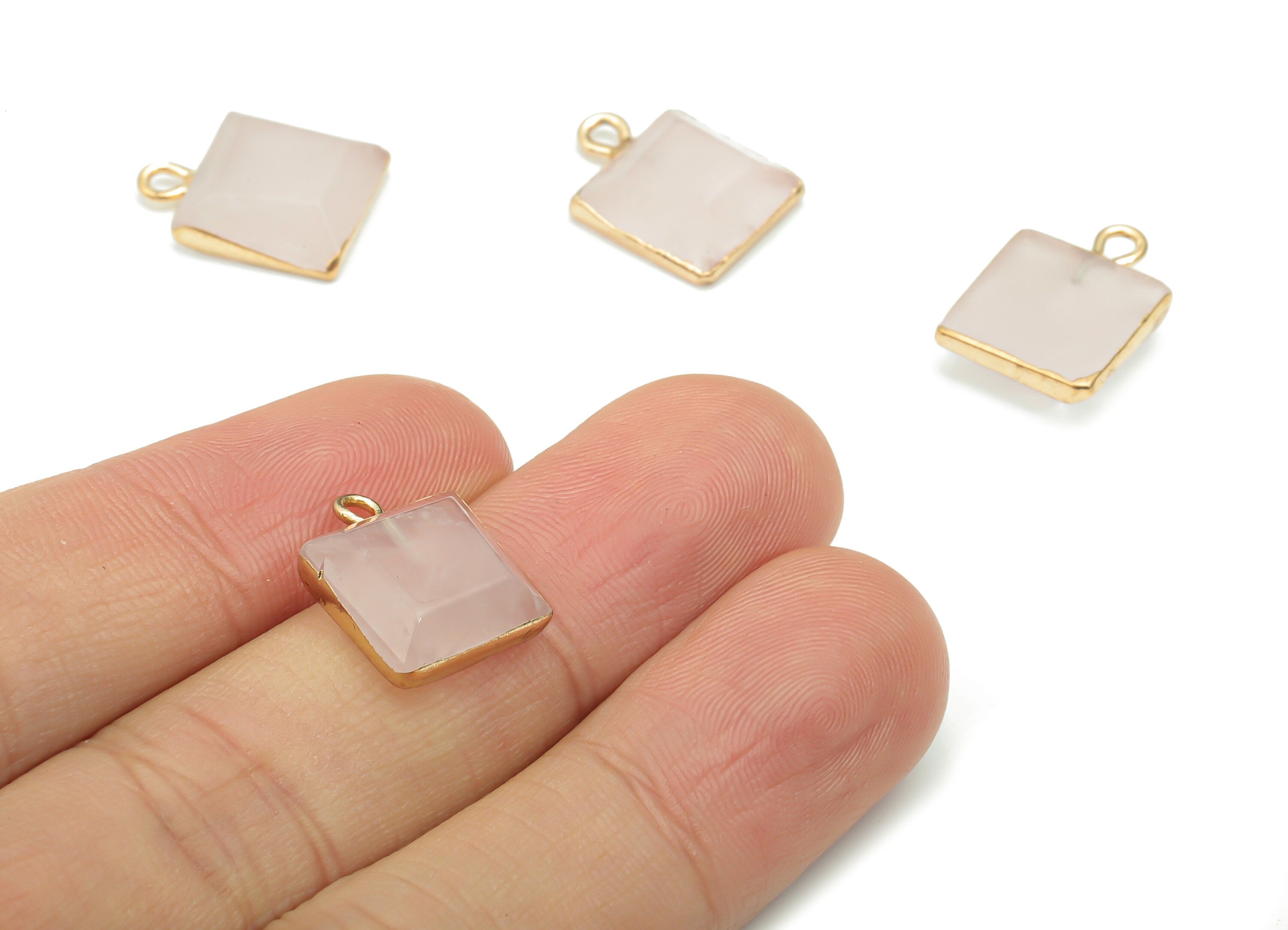 Rose Quartz Natural Stone Square Charms - Brass Square Pendant - Gold Tone Plated Brass – Jewelry Supplies - 15.05x11.76x3.95mm – NS1641B - DOMEDBAZAAR