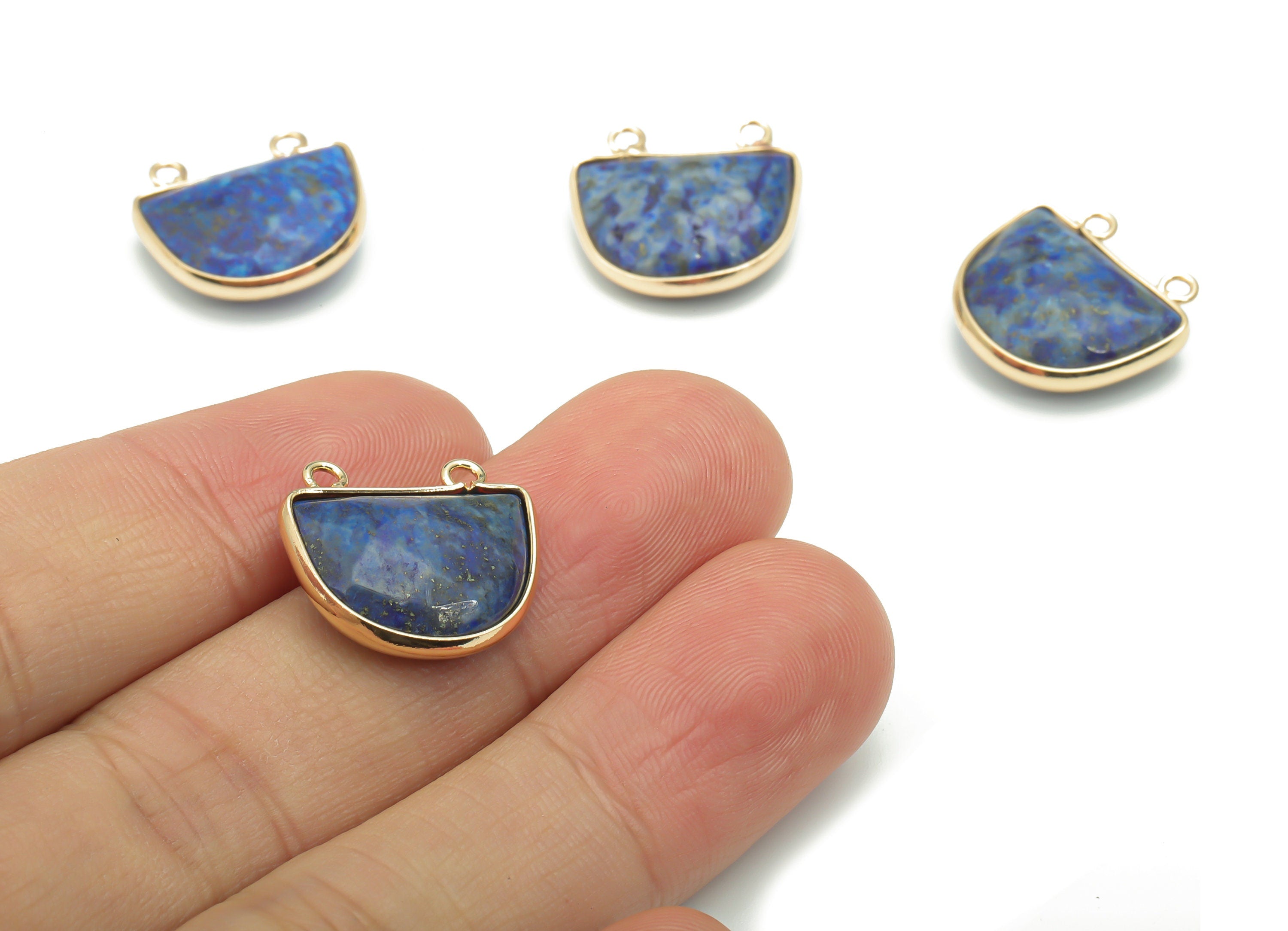Lapis Lazuli Natural Stone Domed Earring Connectors - Brass Semicircle Pendant - Gold Tone Plated Brass – 16.82x17.63x6.27mm – NS1658D - DOMEDBAZAAR