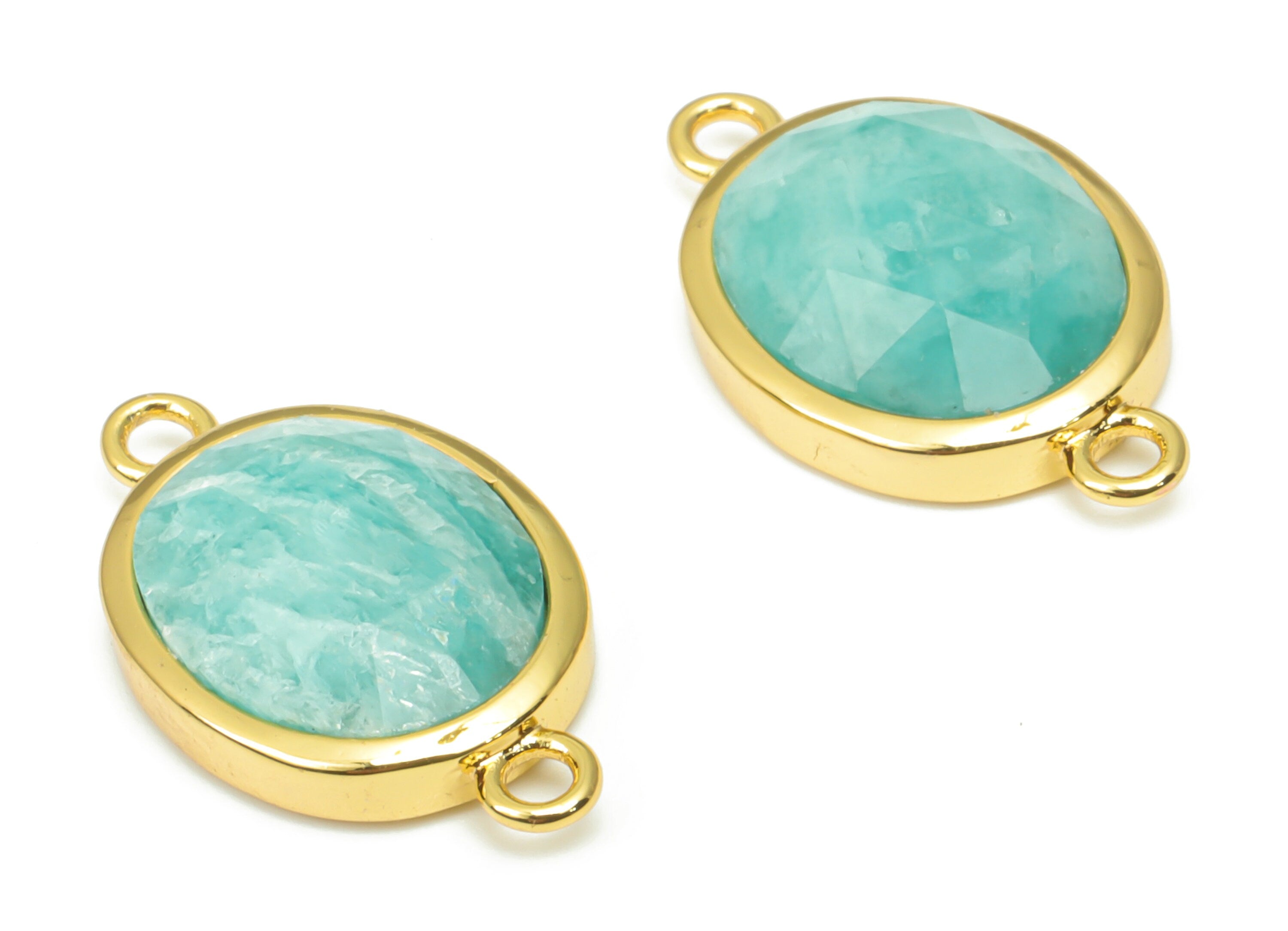 Amazonite Faceted Oval Earring Connectors - 10x12mm Natural Stone - Brass Oval Charms - Gold Tone Plated Brass – 18.15x10.95x4.7mm–NS1671J - DOMEDBAZAAR