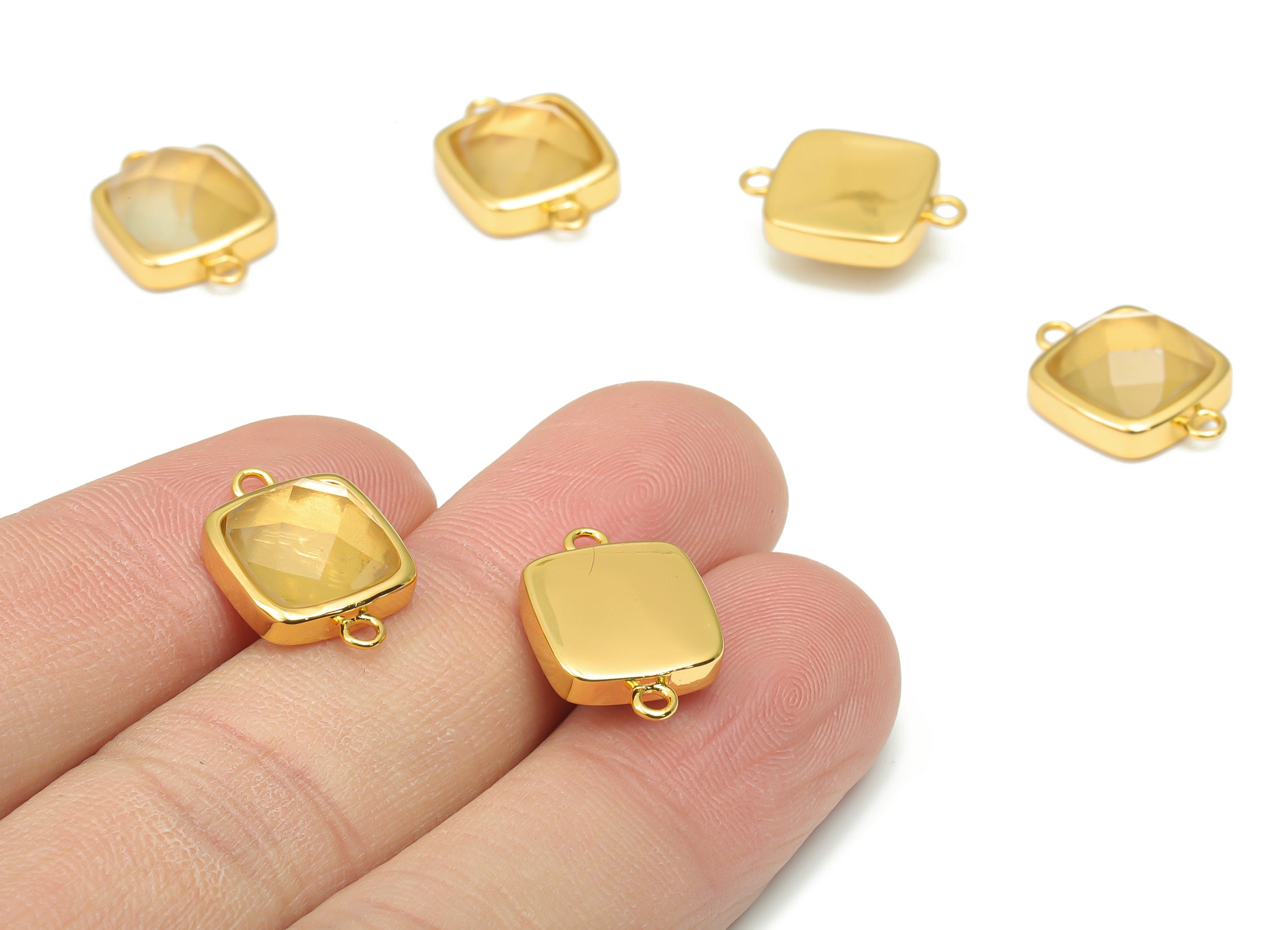 Lemon Citrine Faceted Square Earring Connectors - 11mm Natural Stone - Brass Square Charm - Gold Tone Plated Brass – 16.5x11.4x5.9mm–NS1673K - DOMEDBAZAAR