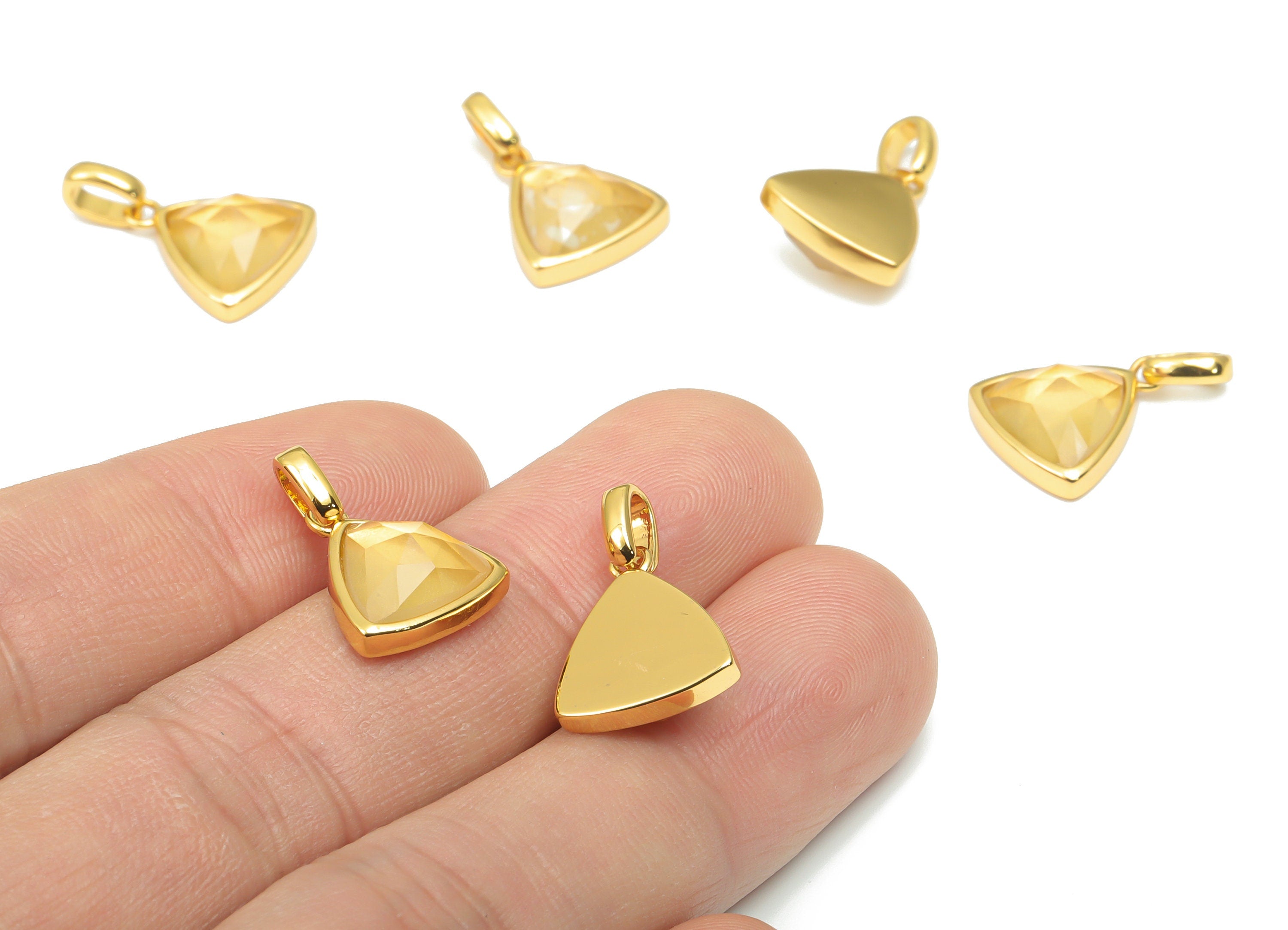 Lemon Citrine Faceted Triangle Charms With Loop - 11mm Natural Stone - Brass Triangle Pendant - Gold Tone Plated Brass – 20x12x6mm – NS1668K - DOMEDBAZAAR
