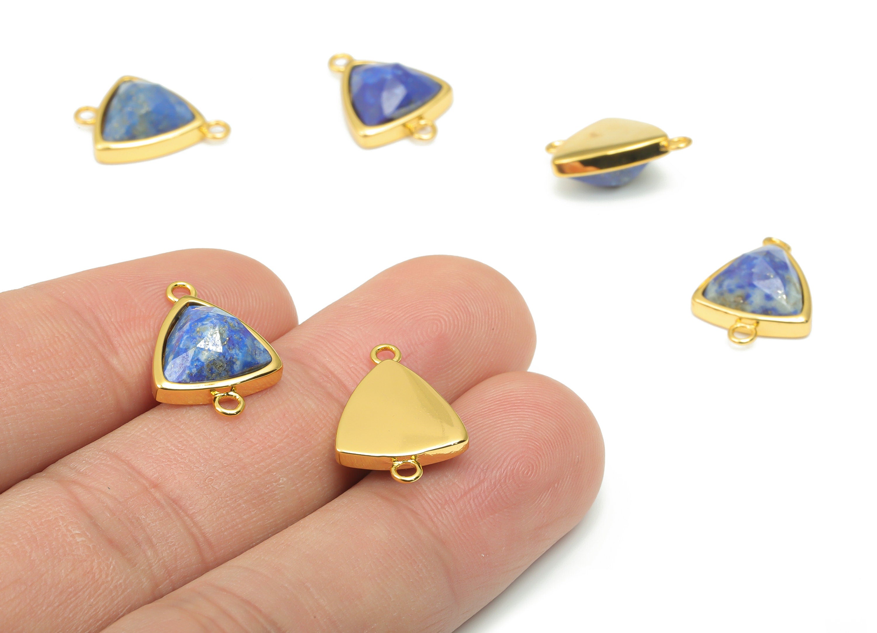 Lapis Lazuli Faceted Triangle Earring Connector - 11mm Natural Stone - Brass Triangle Charm - Gold Tone Plated Brass – 16.9x12.3x6mm–NS1669A - DOMEDBAZAAR
