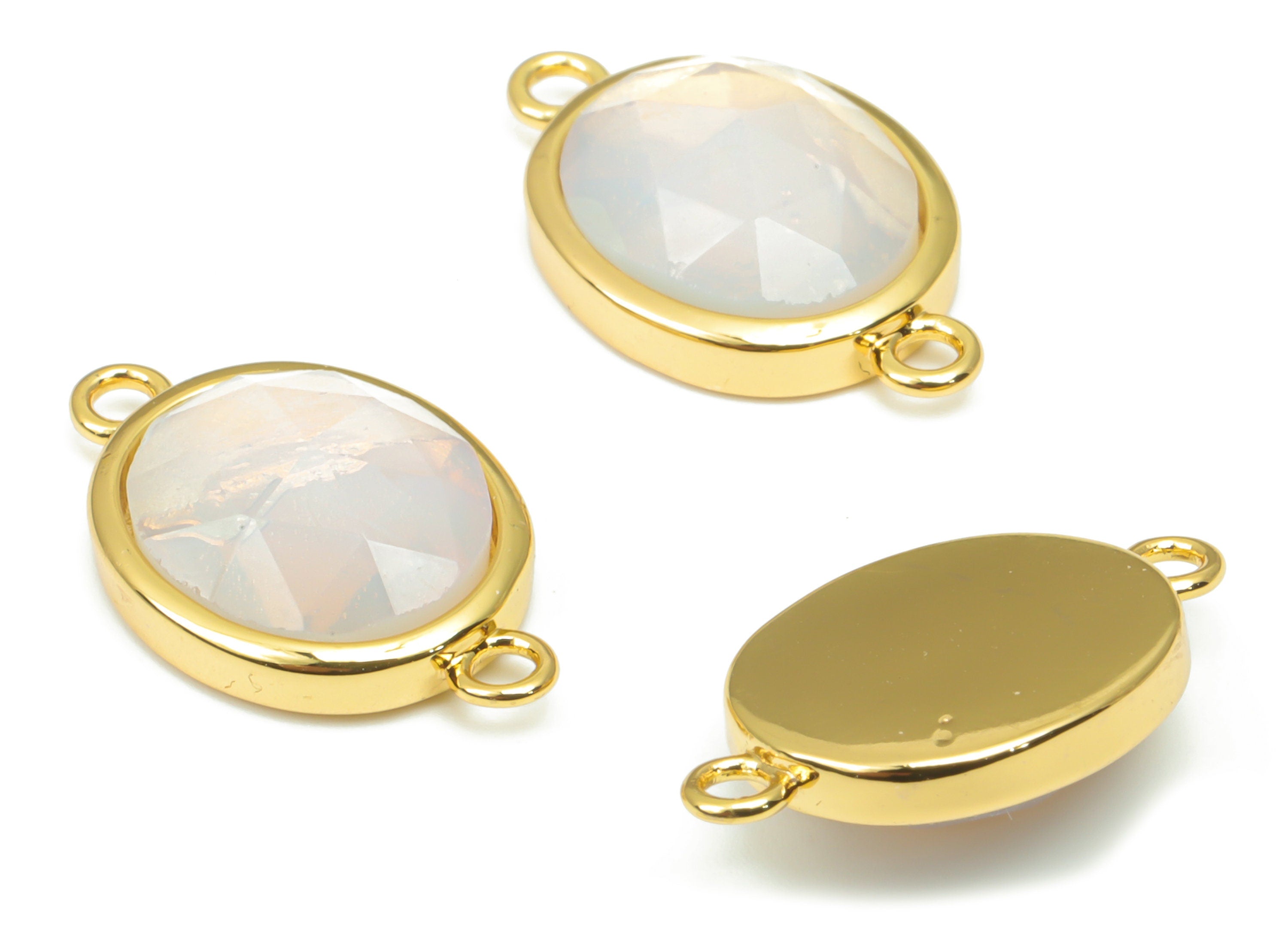 Opalite Faceted Oval Earring Connectors - 10x12mm Natural Stone - Brass Oval Charms - Gold Tone Plated Brass – 18.15x10.95x4.7mm – NS1671E - DOMEDBAZAAR
