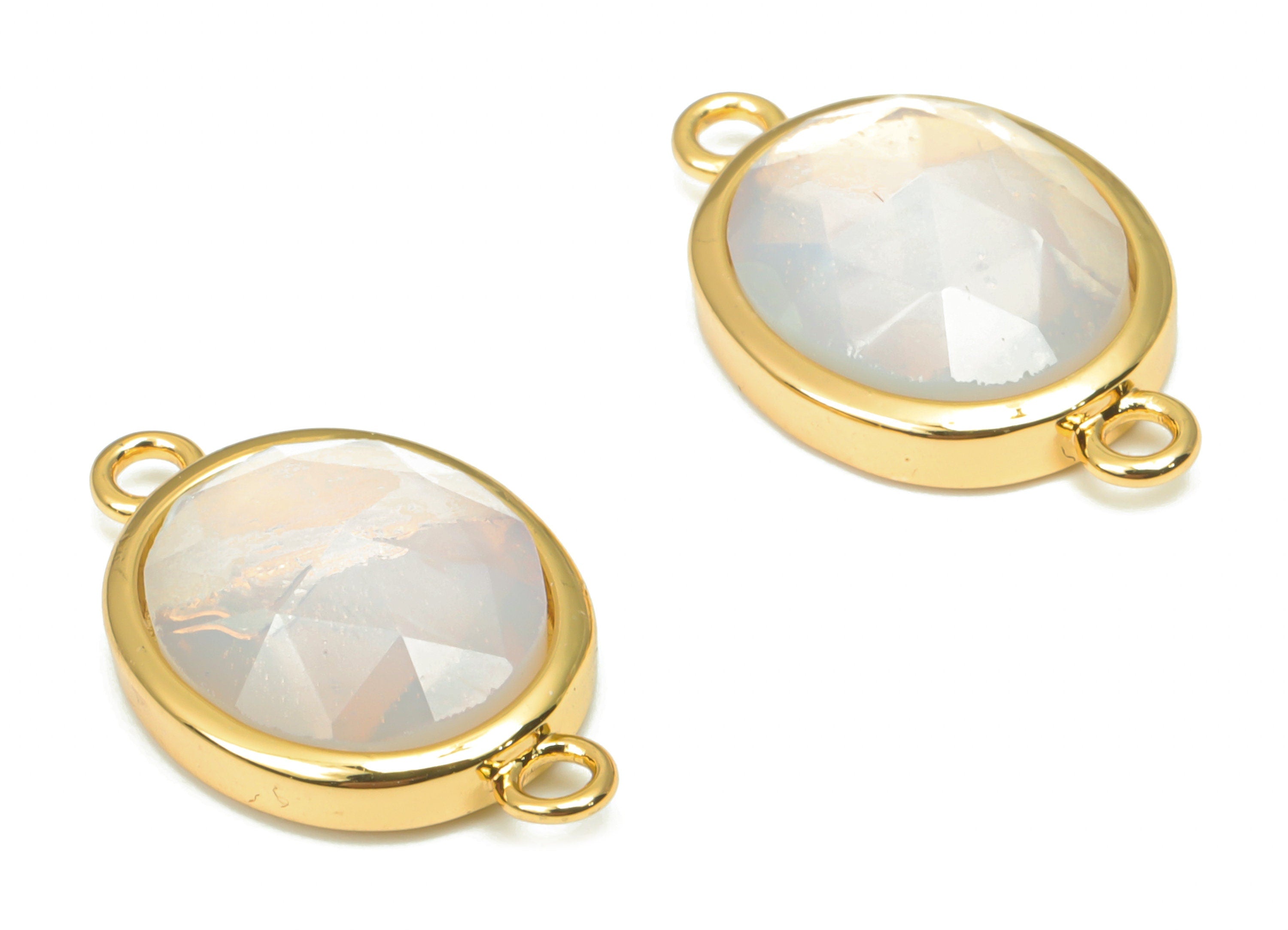 Opalite Faceted Oval Earring Connectors - 10x12mm Natural Stone - Brass Oval Charms - Gold Tone Plated Brass – 18.15x10.95x4.7mm – NS1671E - DOMEDBAZAAR