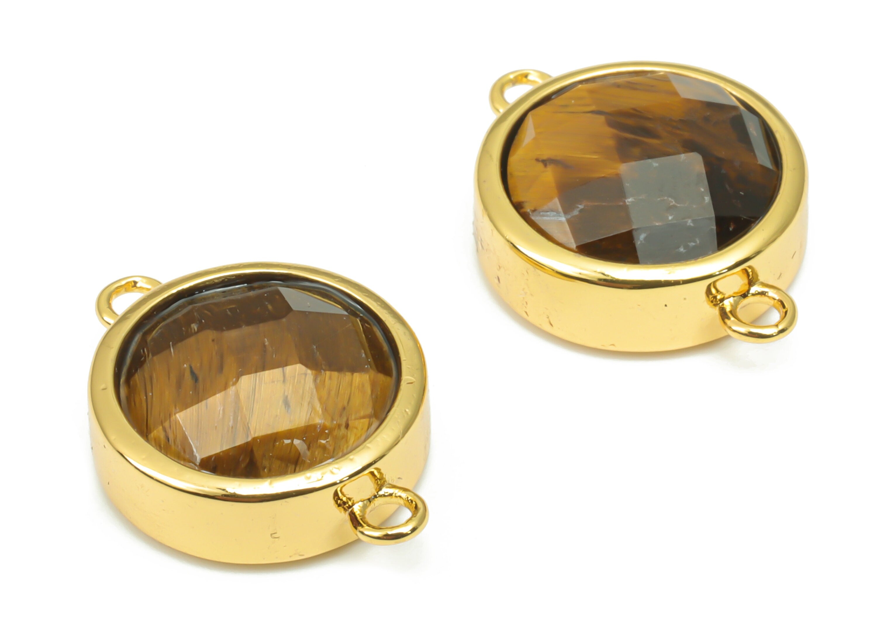 Tiger's-eye Faceted Round Connectors - 10mm Natural Stone - Brass Circle Charms - Gold Tone Plated Brass – 17.68x12.83x6.04mm – NS1667F - DOMEDBAZAAR