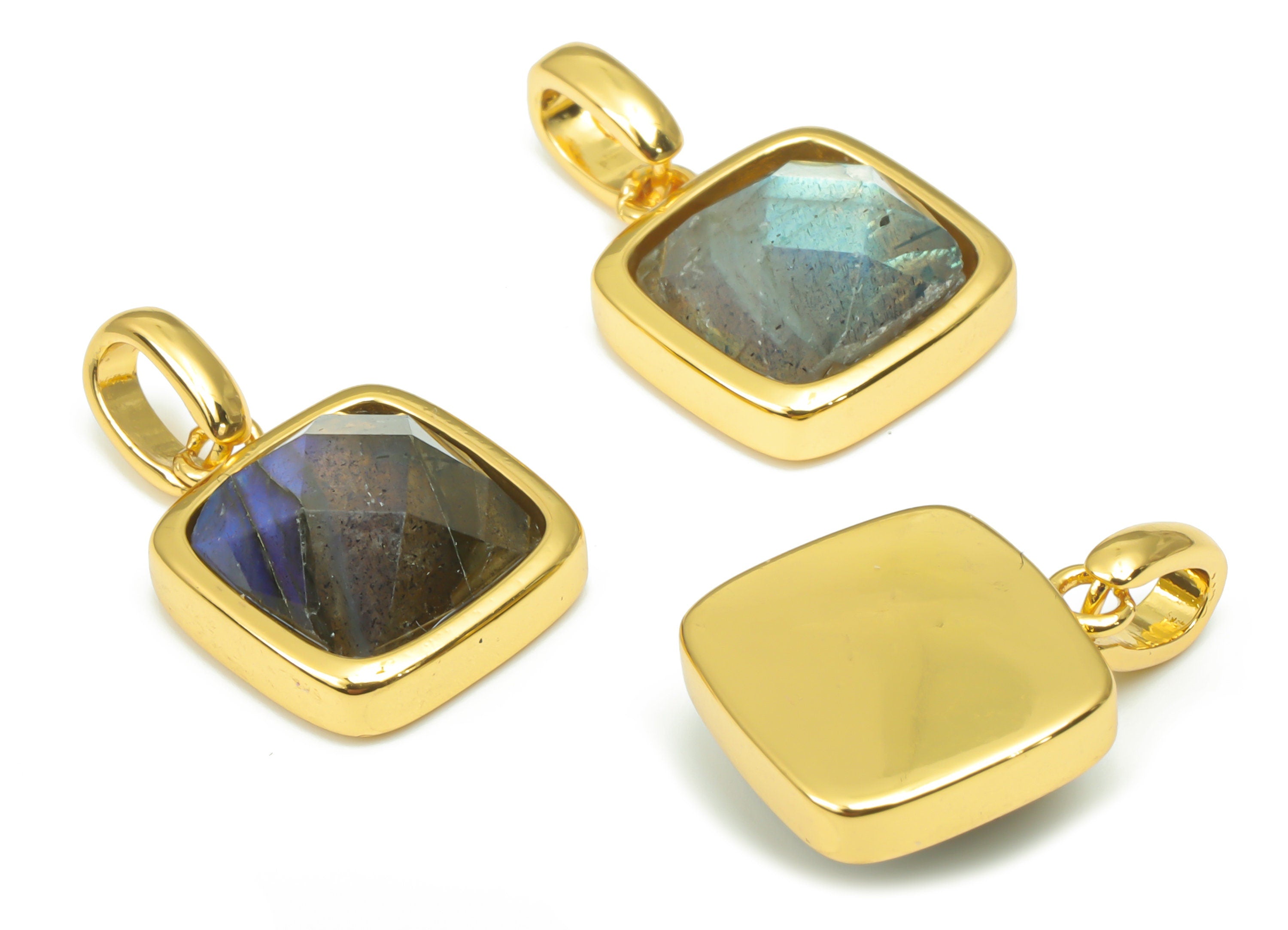 Labradorite Faceted Square Earring Charms - 11mm Natural Stone - Brass Square Pendant - Gold Tone Plated Brass – 18.84x11.65x5.8mm – NS1672L - DOMEDBAZAAR